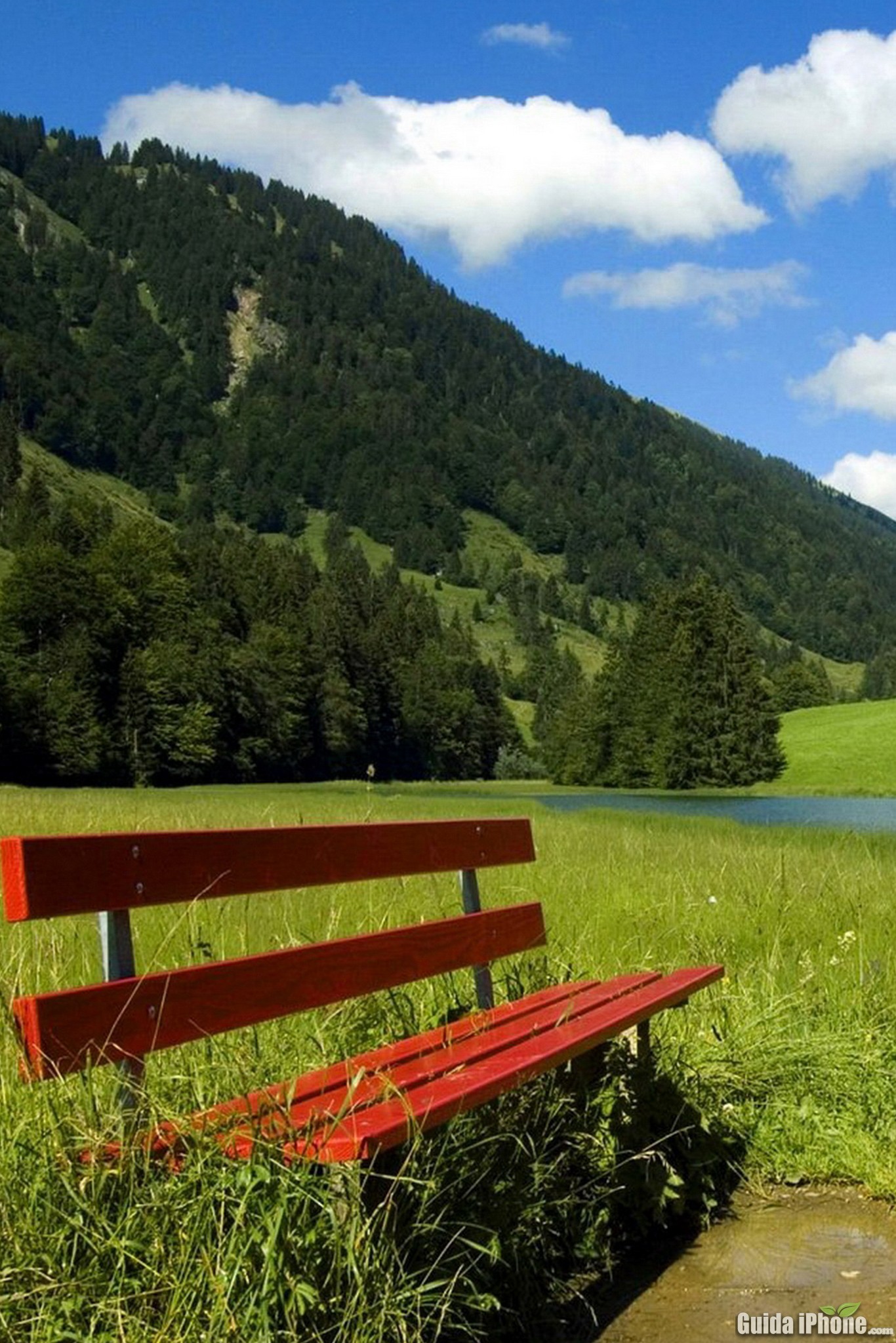 Panchina rossa, Montagne, Prato, Alpi, sfondo per iPad e tablet