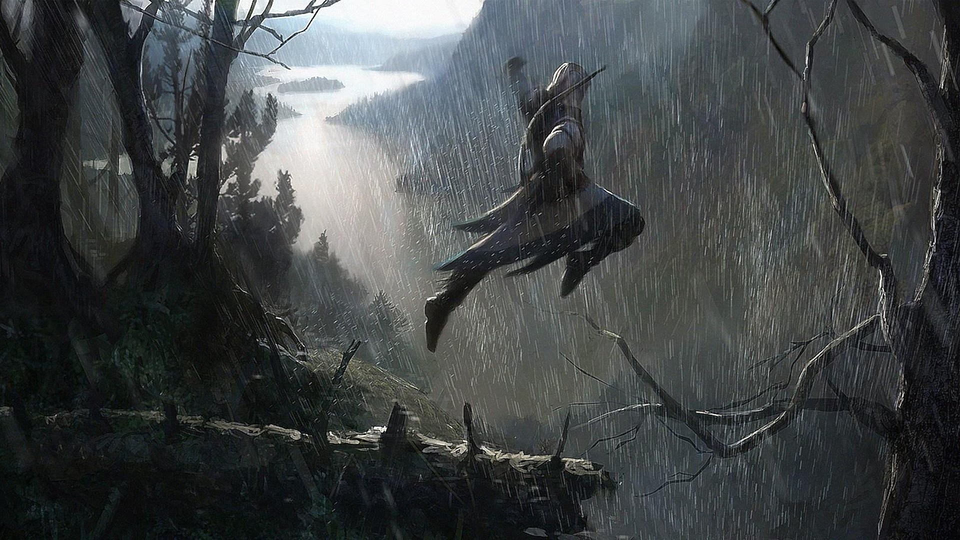 Connor Kenway, Assassin's Creed III, Foresta, Pioggia, Salto, 1920x1080, sfondo per PC