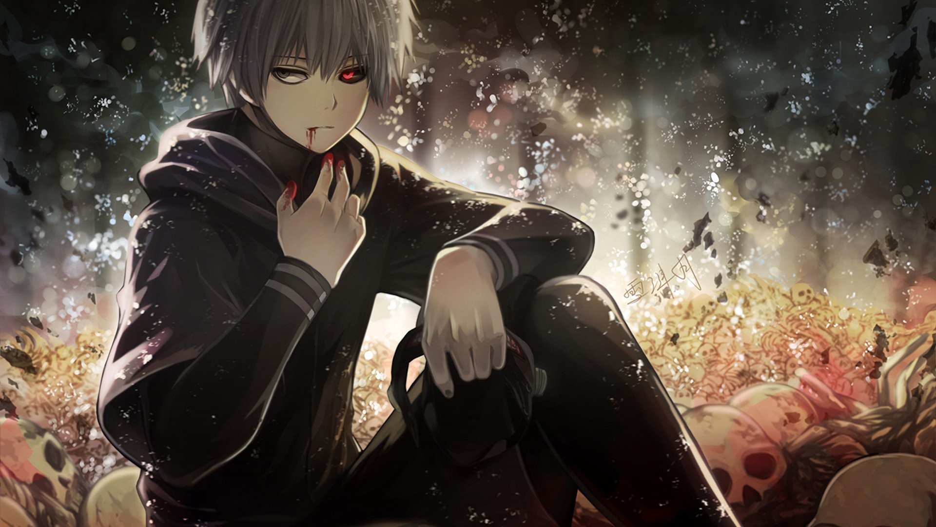 Ken Kaneki, Tokyo Ghoul, Teschi, Fiori, Anime, Full HD, sfondo desktop