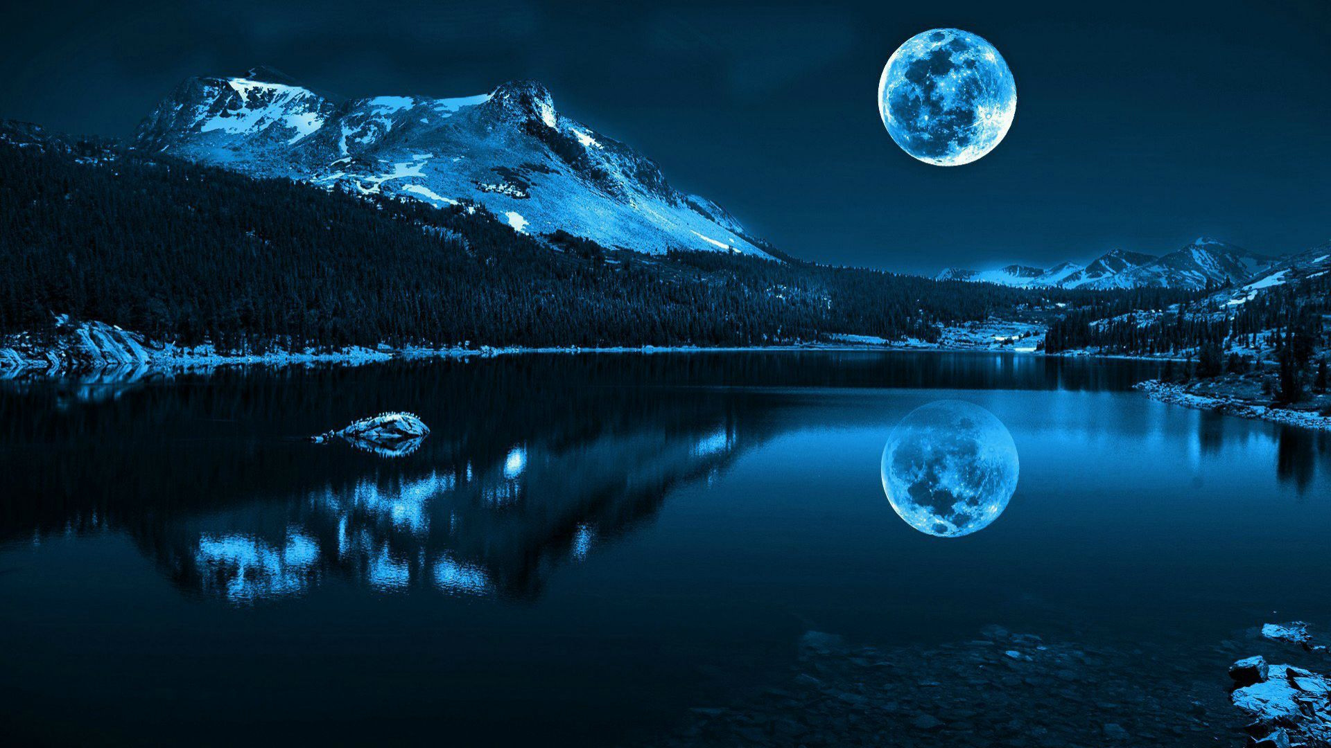 Lago di montagna, Luna piena, Montagne innevate, Notte, Full HD 1080p, sfondo desktop