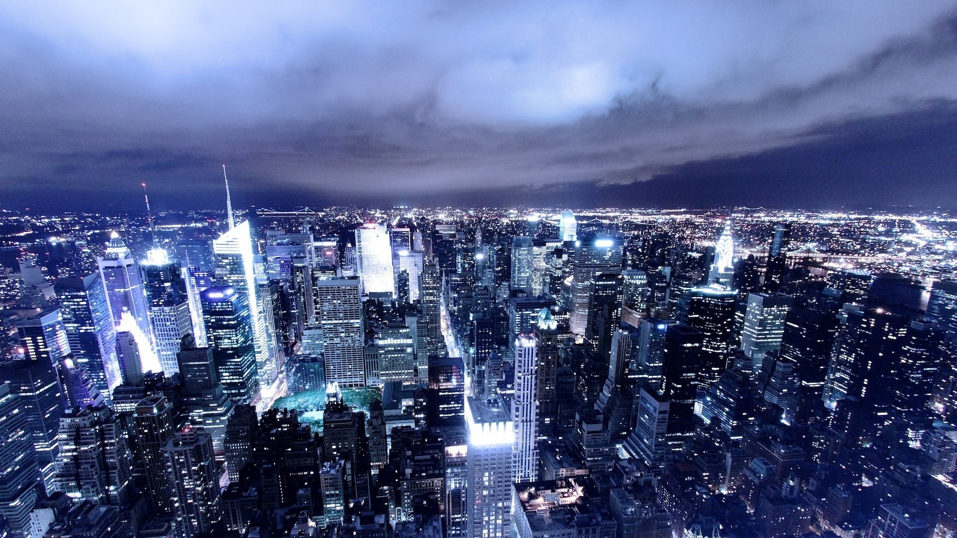 Manhattan, New York, Notte, Luci della città, Nuvole, Full HD, sfondo per PC