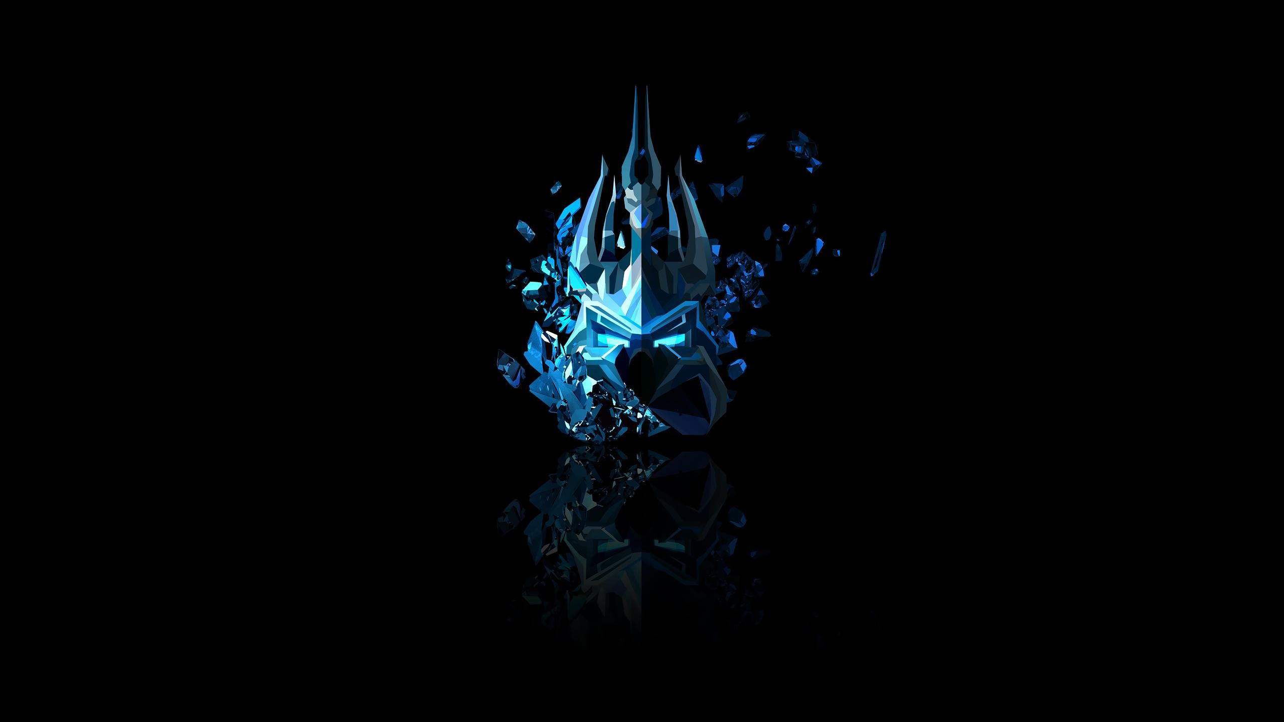 Re dei Lich, Hearthstone, Elmo, Blu, Sfondo nero, 2K, wallpaper per computer