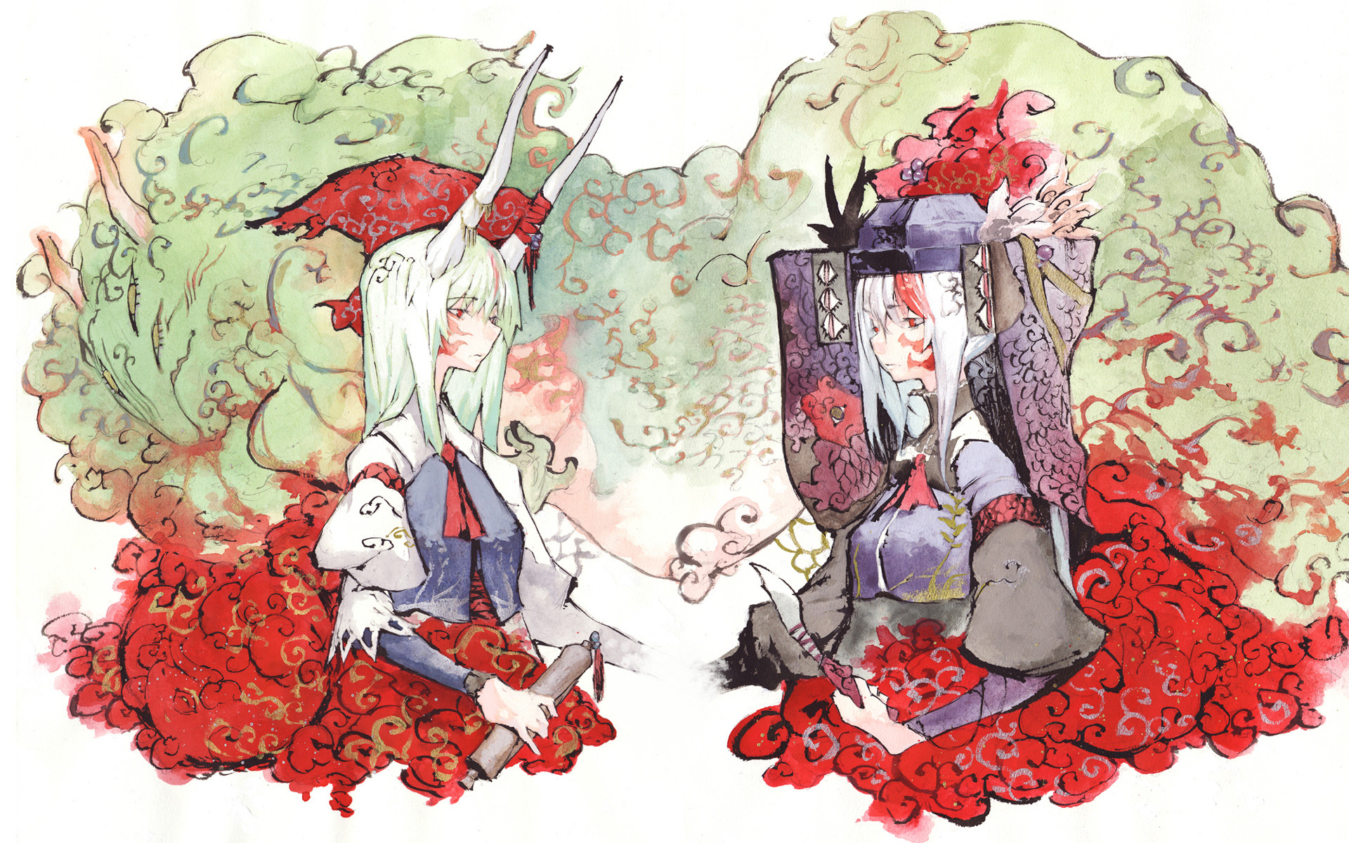 Ragazze anime, Kimono, Fiori rossi, Acquerello, Arte giapponese, wallpaper Windows 11