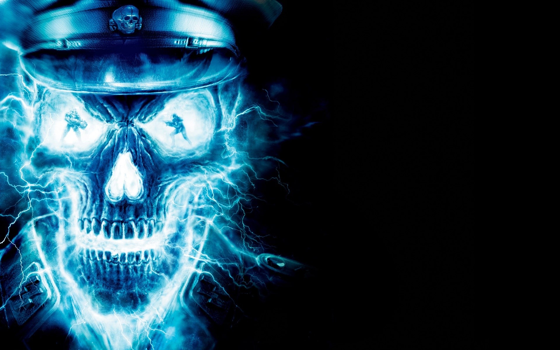 Teschio, Fiamme blu, Cappello da poliziotto, Sfondo nero, Full HD, wallpaper desktop