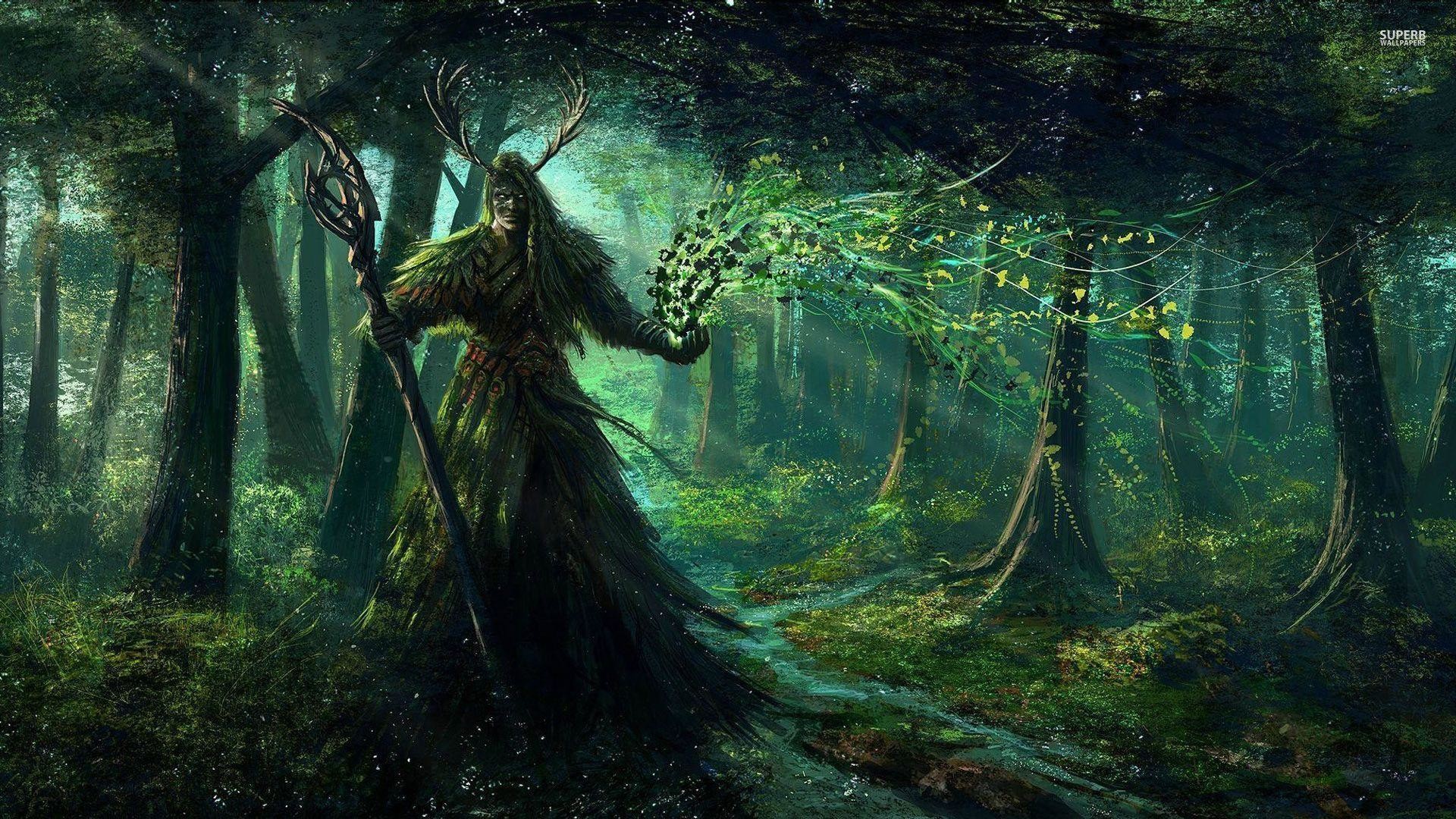 Druido, Foresta, Arte fantasy, Verde, 16:9 Full HD, wallpaper widescreen