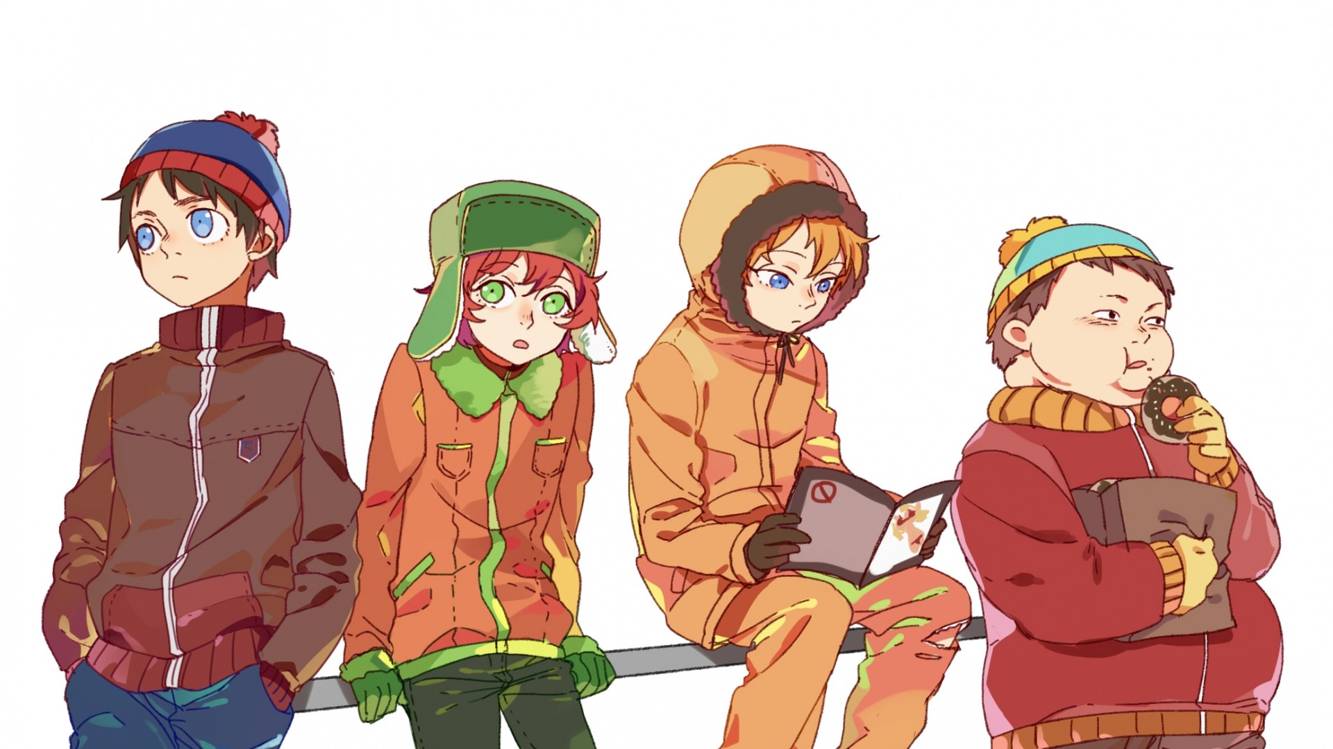South Park, Stan Marsh, Kyle Broflovski, Kenny McCormick, Eric Cartman, Stile anime, sfondo 1080p