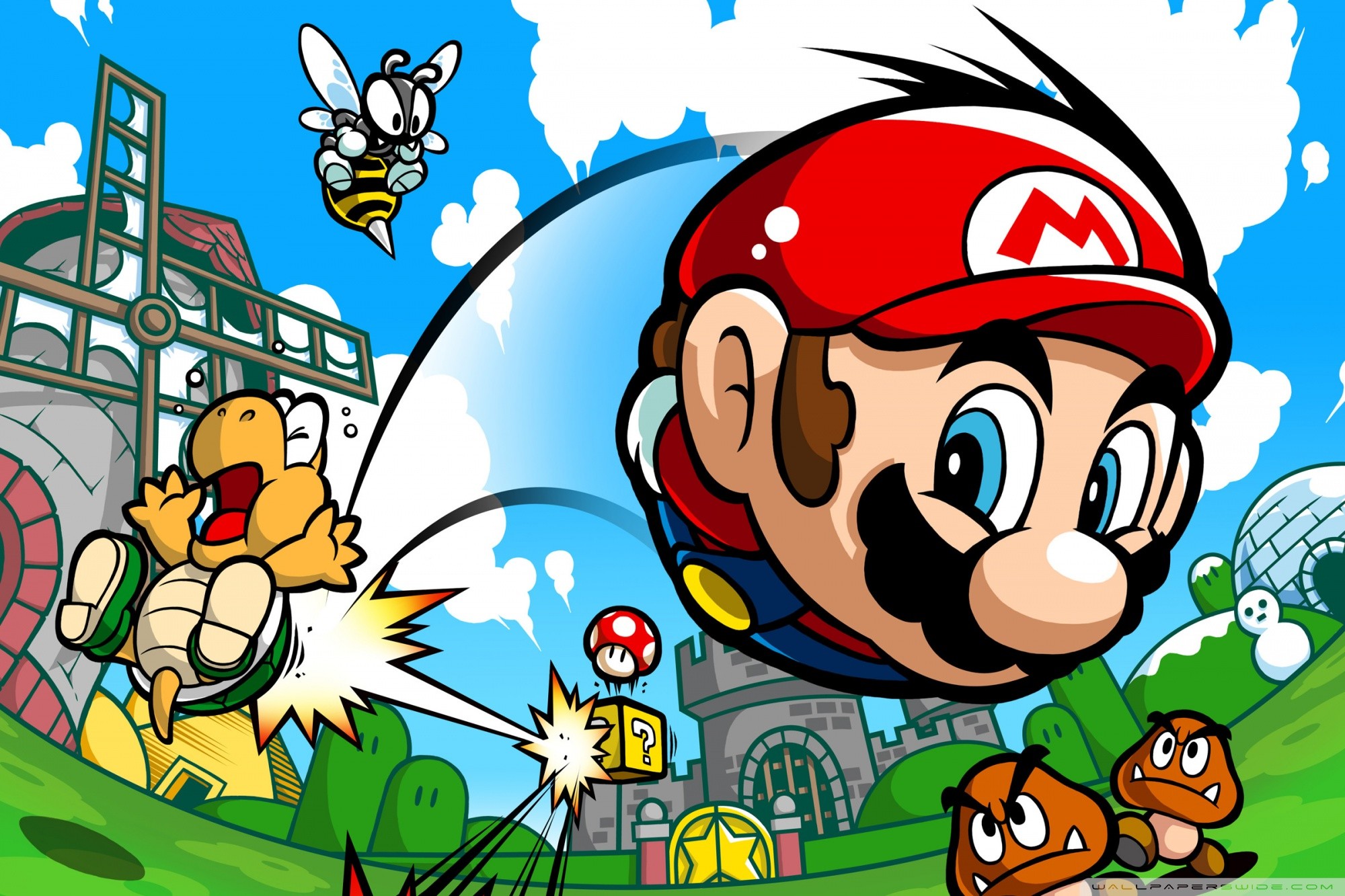 Mario, Koopa Troopa, Goomba, Illustrazione, Full HD, sfondo per PC