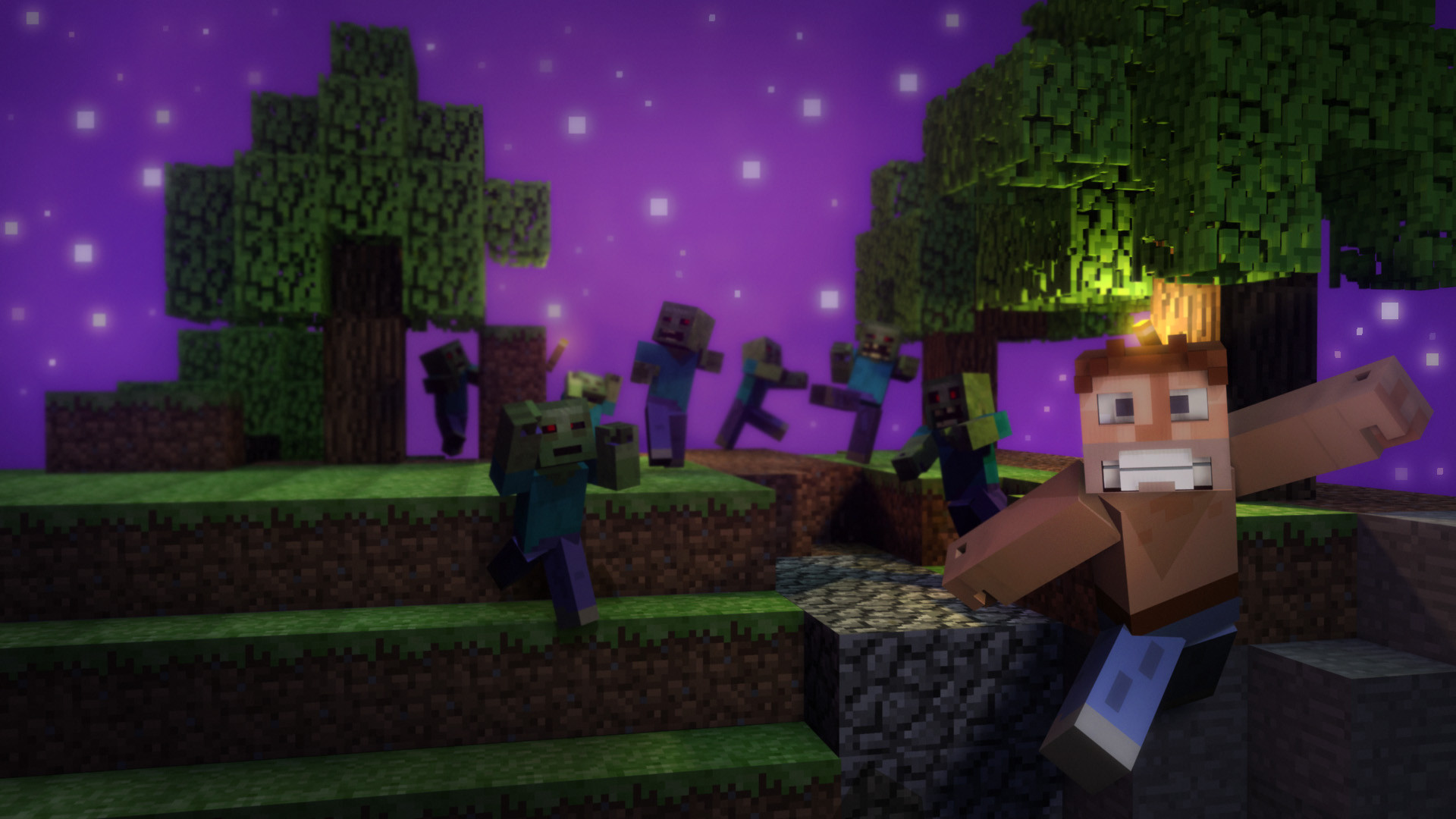 Minecraft, Zombie, Notte, Fan art, 16:9 Full HD, sfondo widescreen