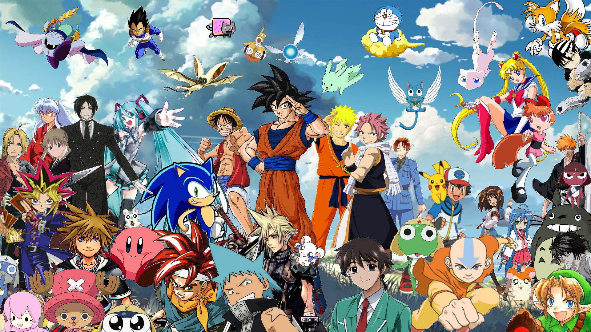Goku, Monkey D. Luffy, Naruto Uzumaki, Sonic, Pikachu, Crossover anime, sfondo Full HD per computer