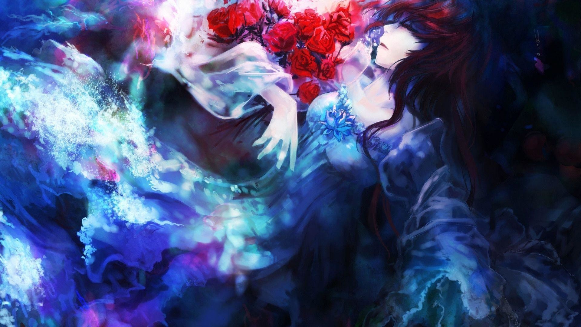 Ragazza anime, Rose rosse, Acqua, Blu, 1920x1080, immagine di sfondo