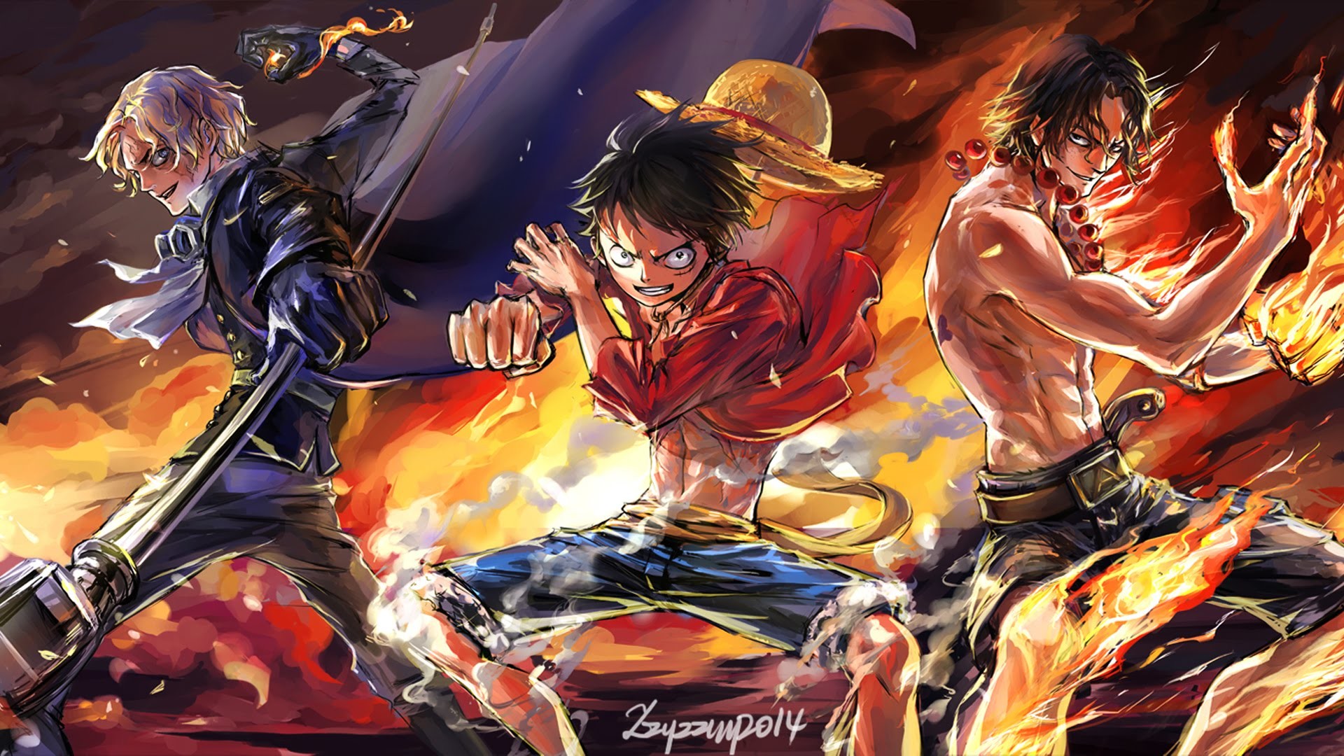 Sabo, Monkey D. Luffy, Portgas D. Ace, One Piece, Fuoco, 16:9 Full HD, sfondo widescreen