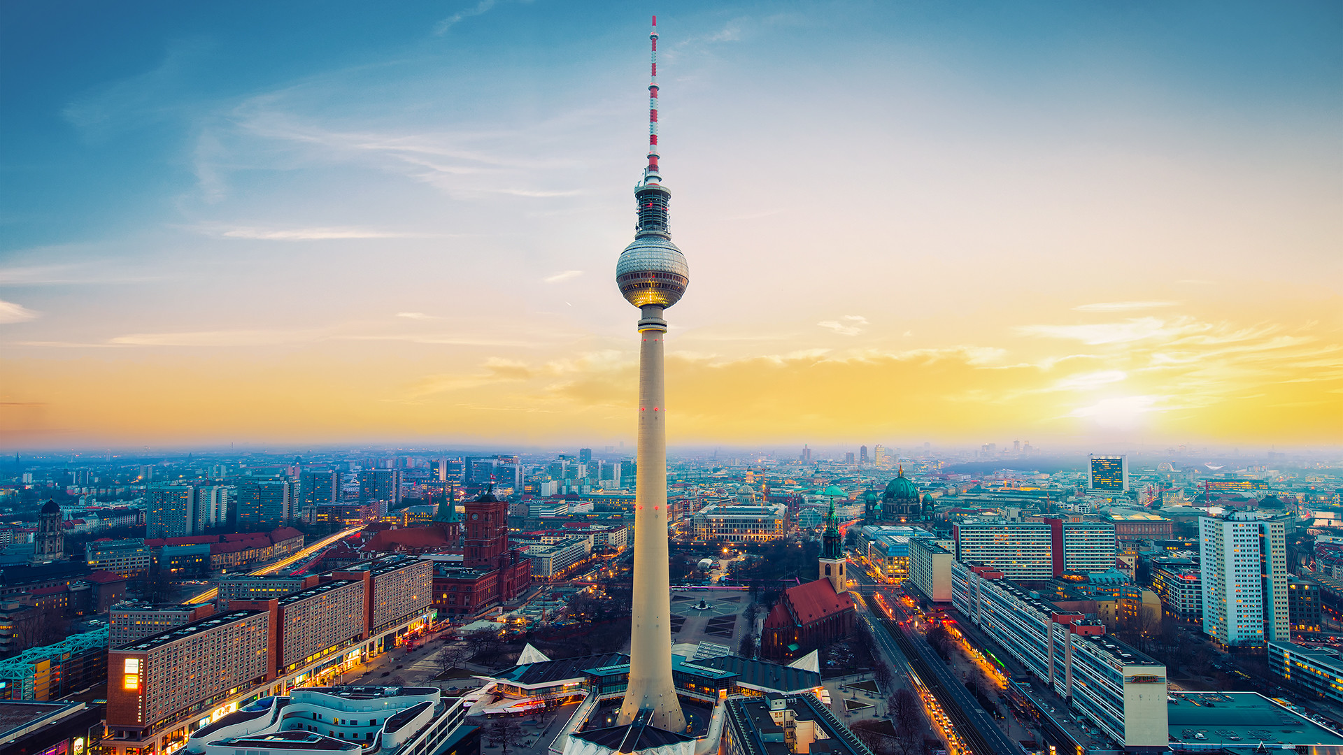 Fernsehturm, Berlino, Torre della televisione, Panorama, Tramonto, sfondo 1920x1080 per PC