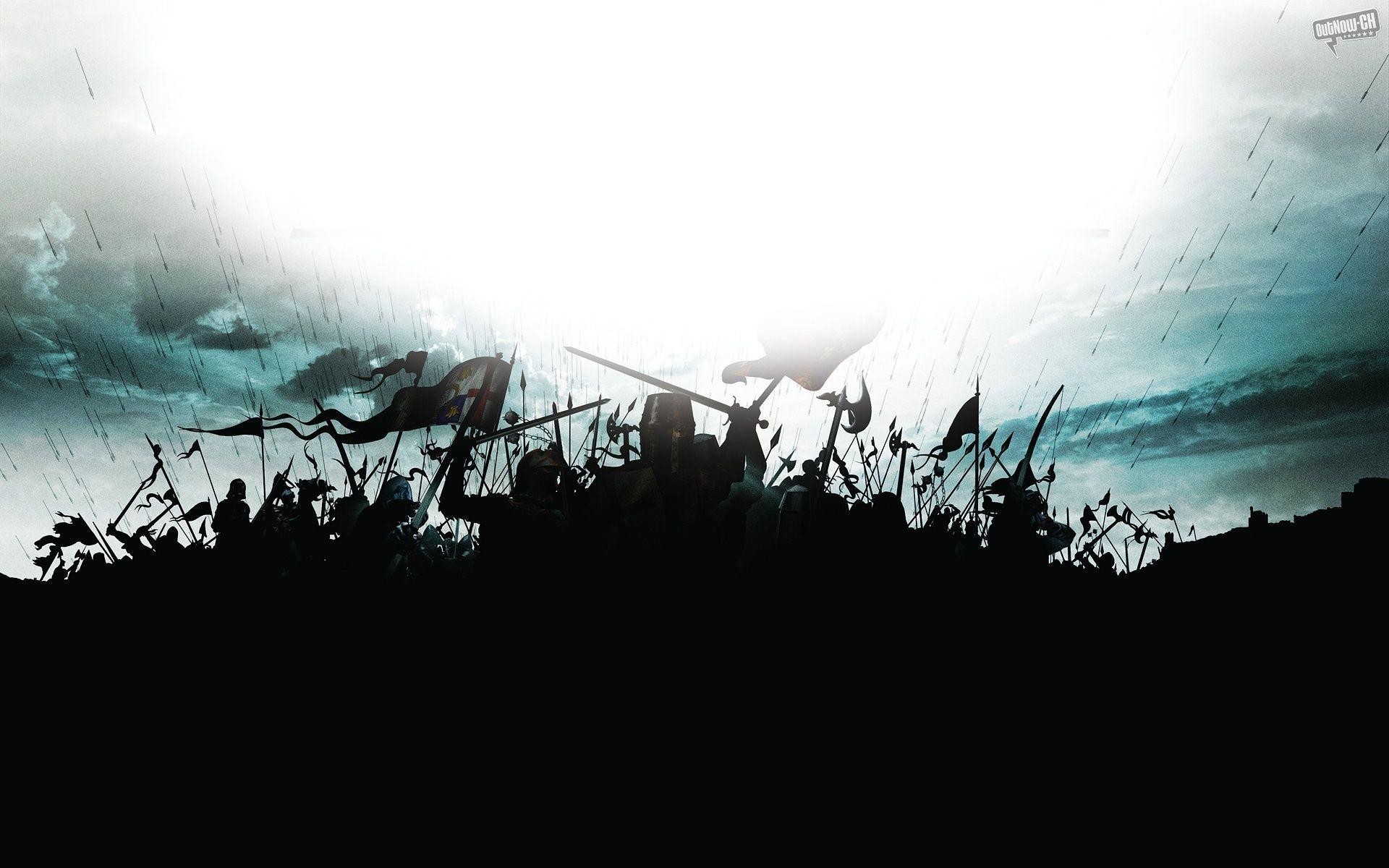 Esercito, Silhouette, Stendardi, Battaglia, Cielo bianco, Full HD, sfondo desktop