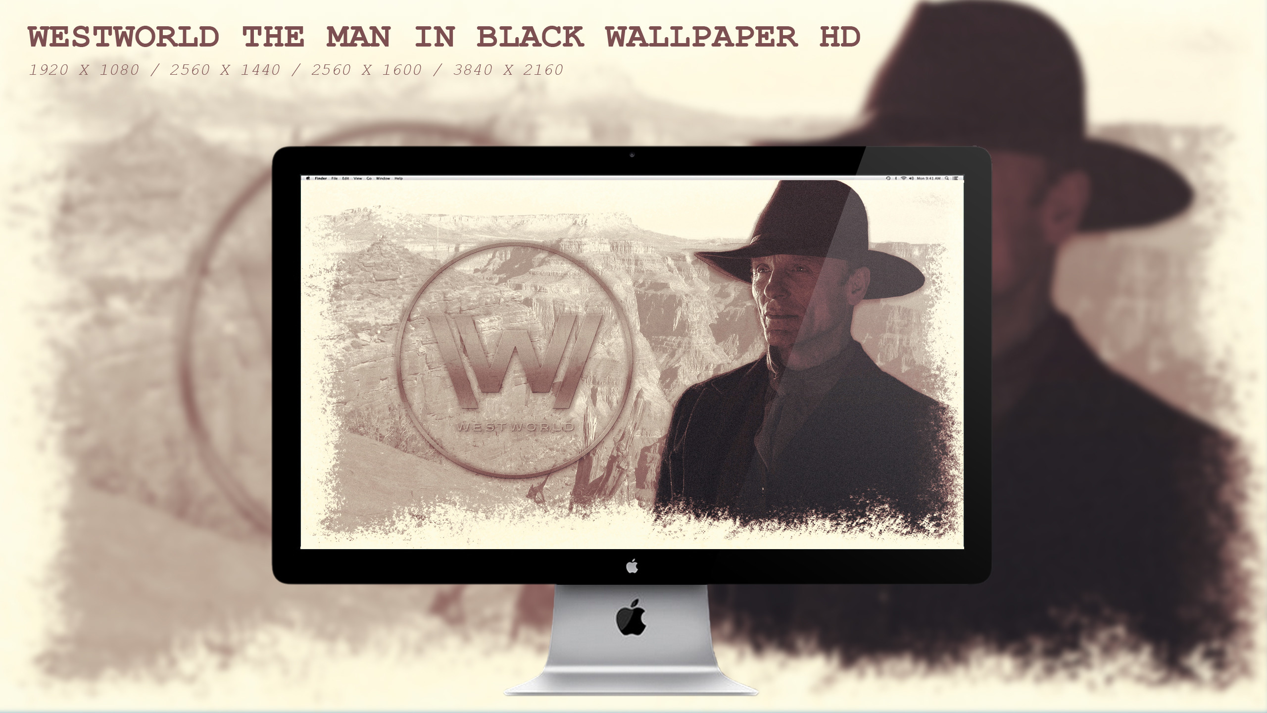 Westworld, Uomo in nero, Mockup monitor, Seppia, 2K, sfondo per PC e portatile