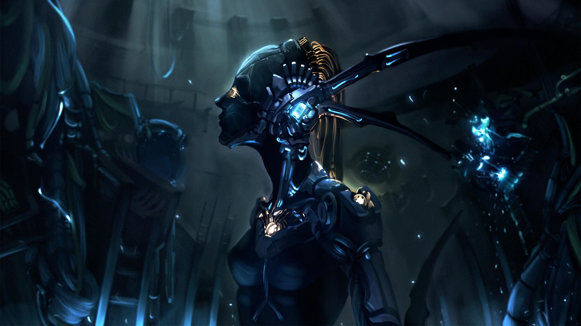 Cyborg, Donna robot, Luce blu, Full HD 1080p, sfondo desktop