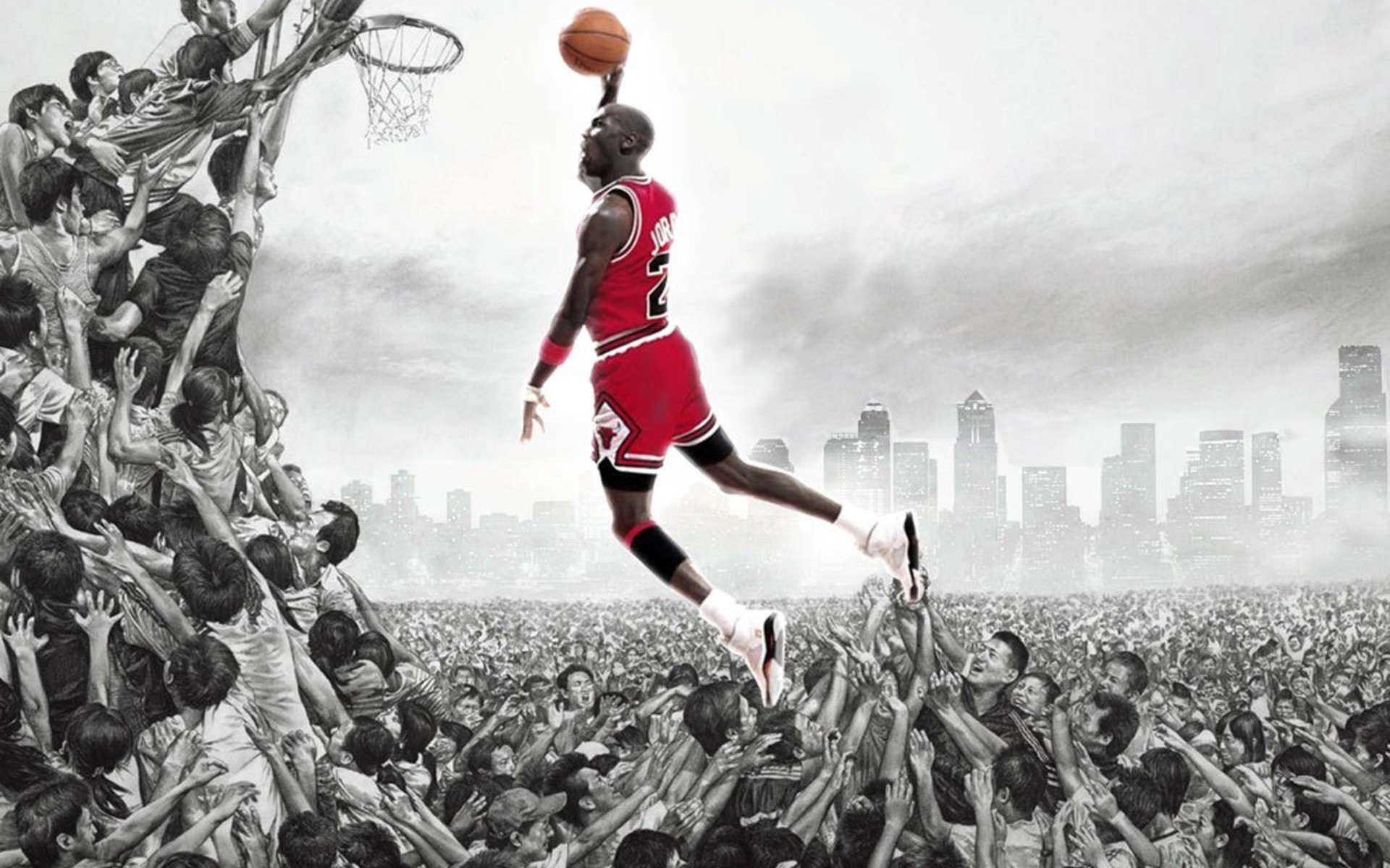Michael Jordan, Chicago Bulls, Schiacciata, Folla, Bianco e nero, sfondo 16:10 Full HD