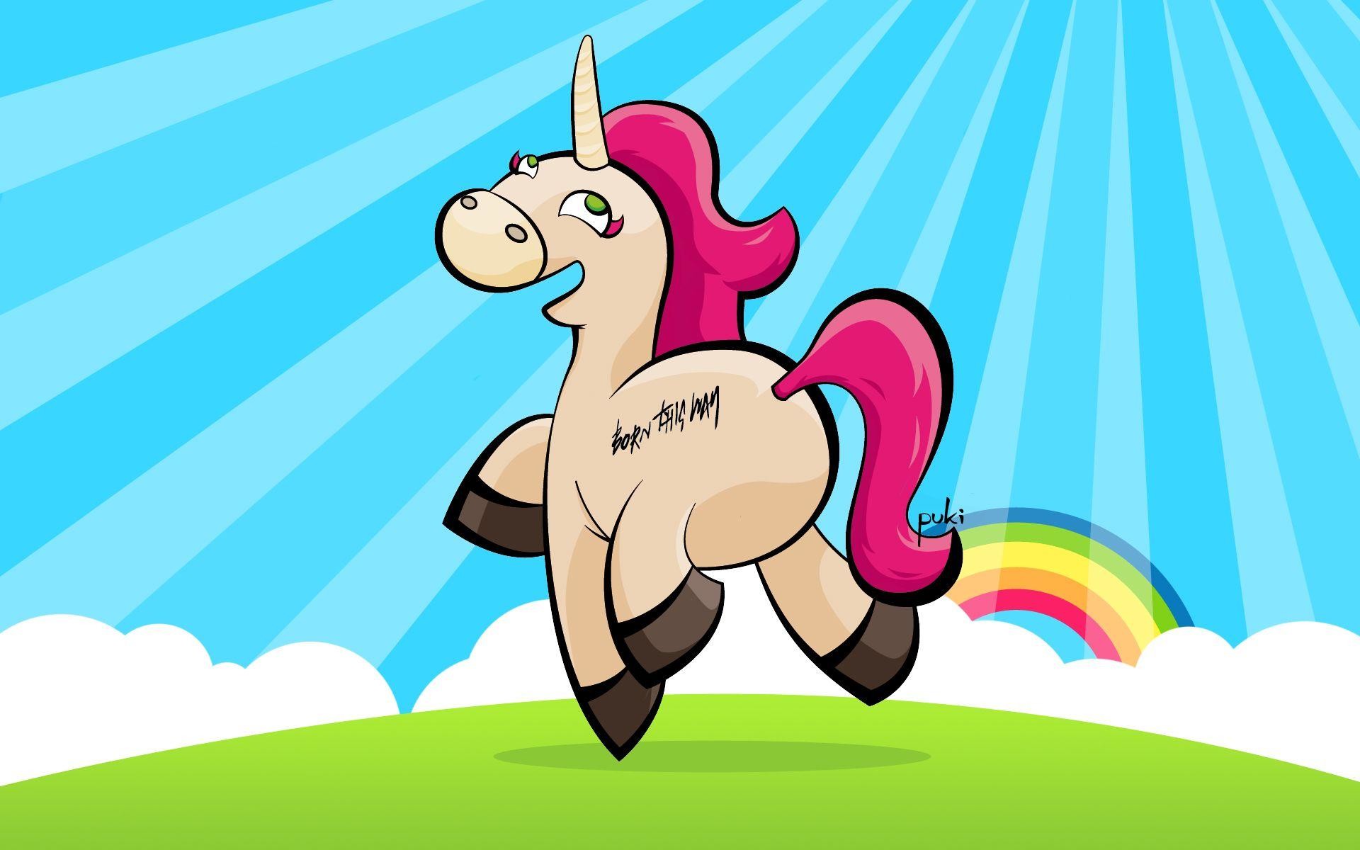 Unicorno, Cartone, Arcobaleno, Raggi di sole, Prato, 16:10 Full HD, sfondo widescreen