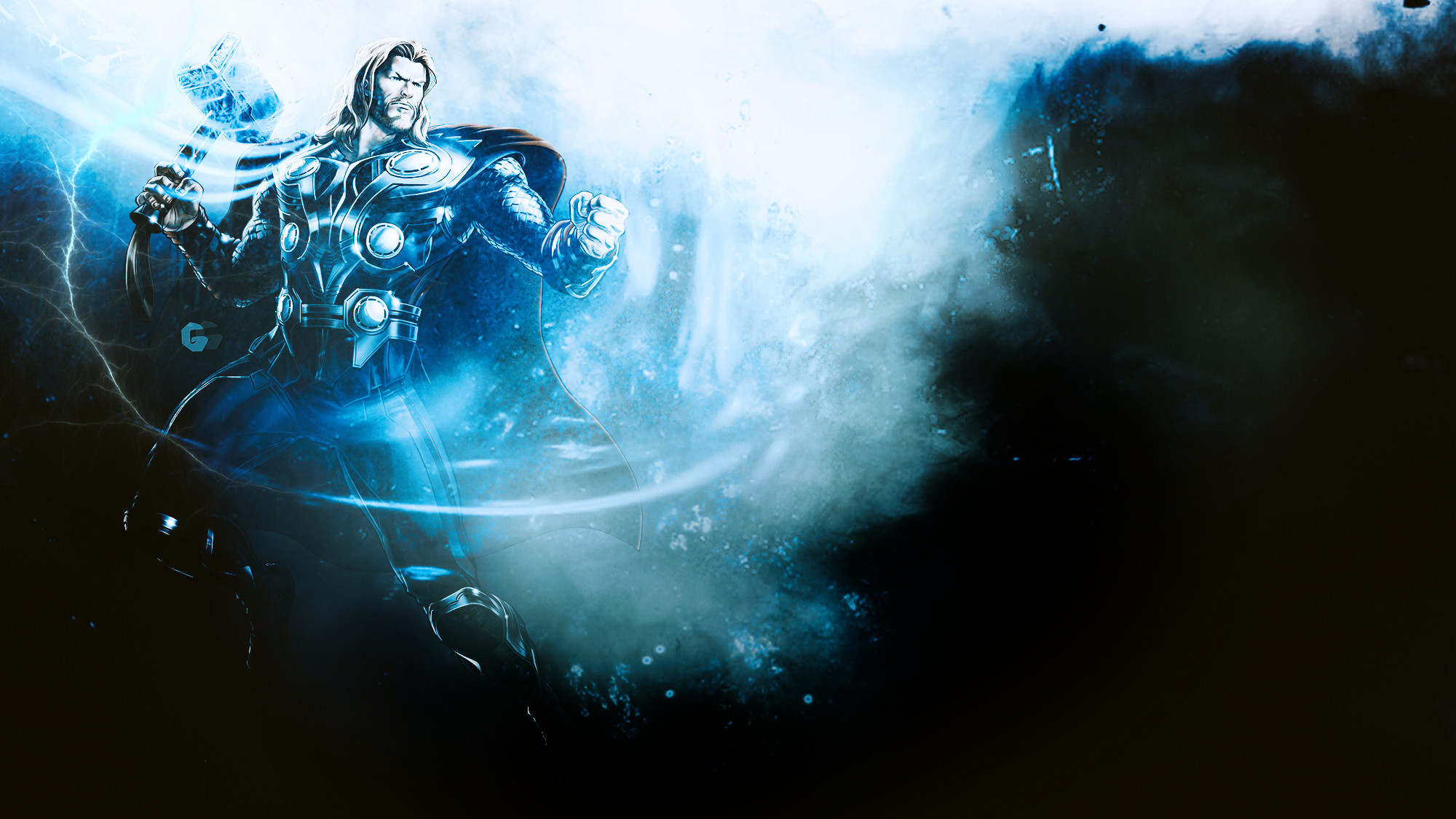 Thor, Marvel, Fulmini, Arte digitale, Toni blu, Full HD, sfondo Windows 11