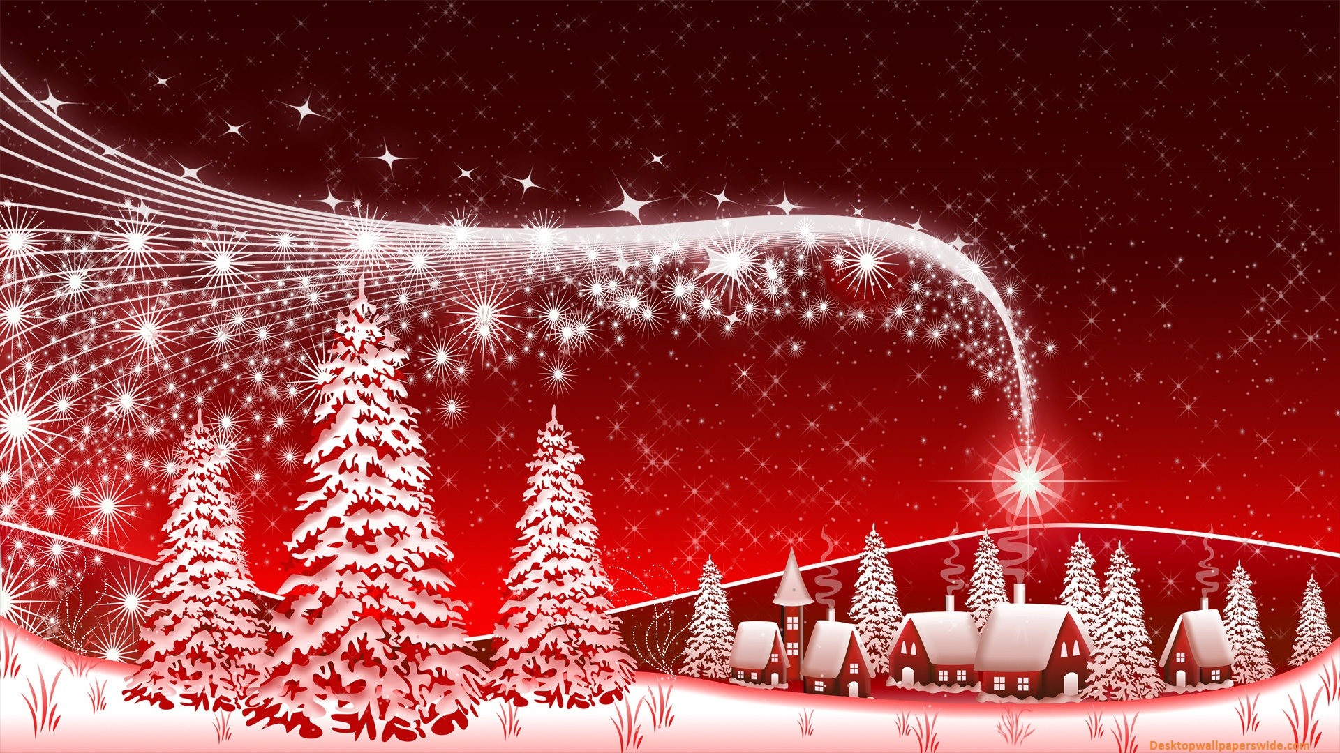 Natale, Alberi innevati, Villaggio, Rosso e bianco, Illustrazione, sfondo 1920x1080 per PC