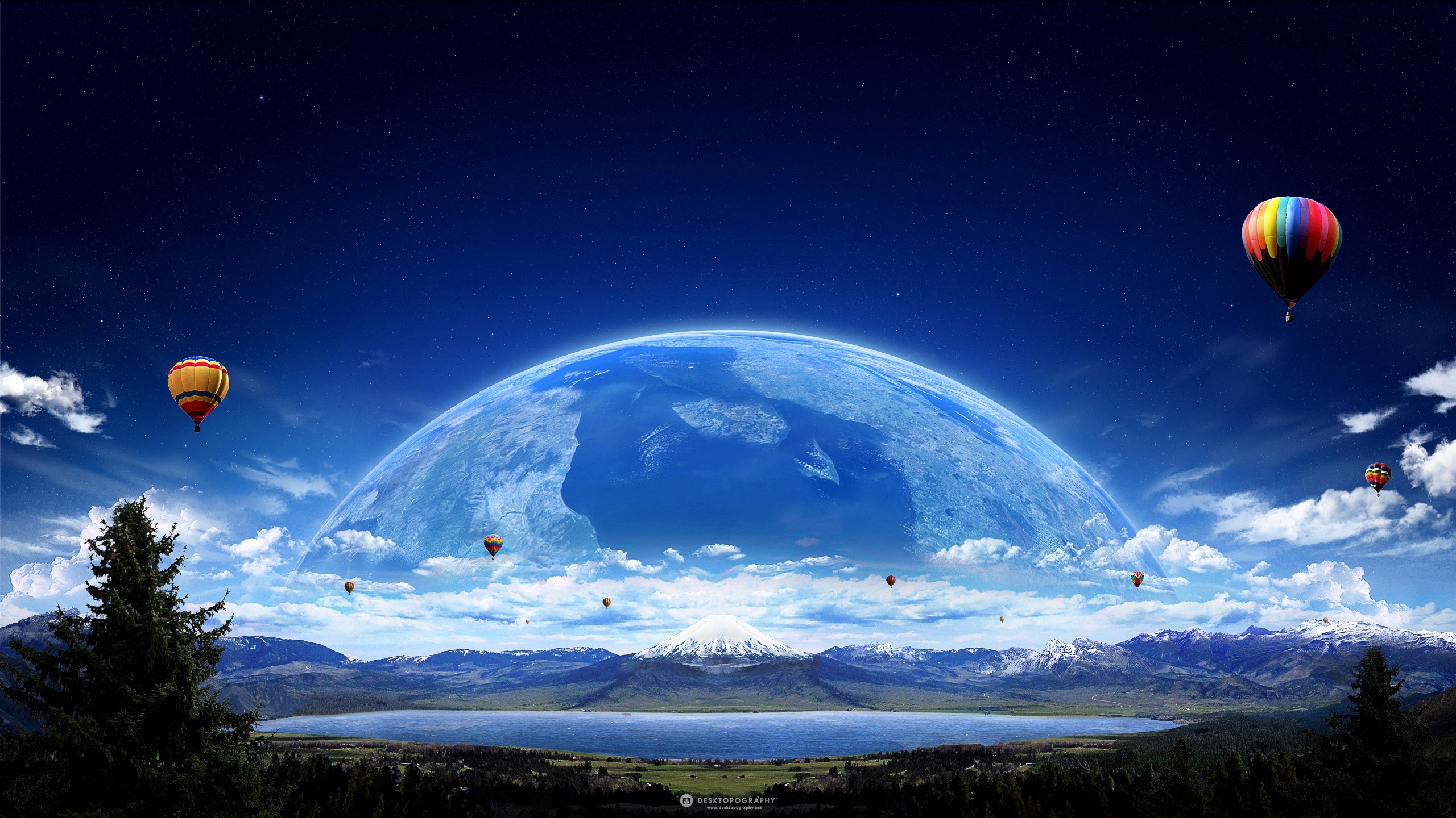 Pianeta, Mongolfiere, Lago, Surreale, 16:9 2K, sfondo widescreen