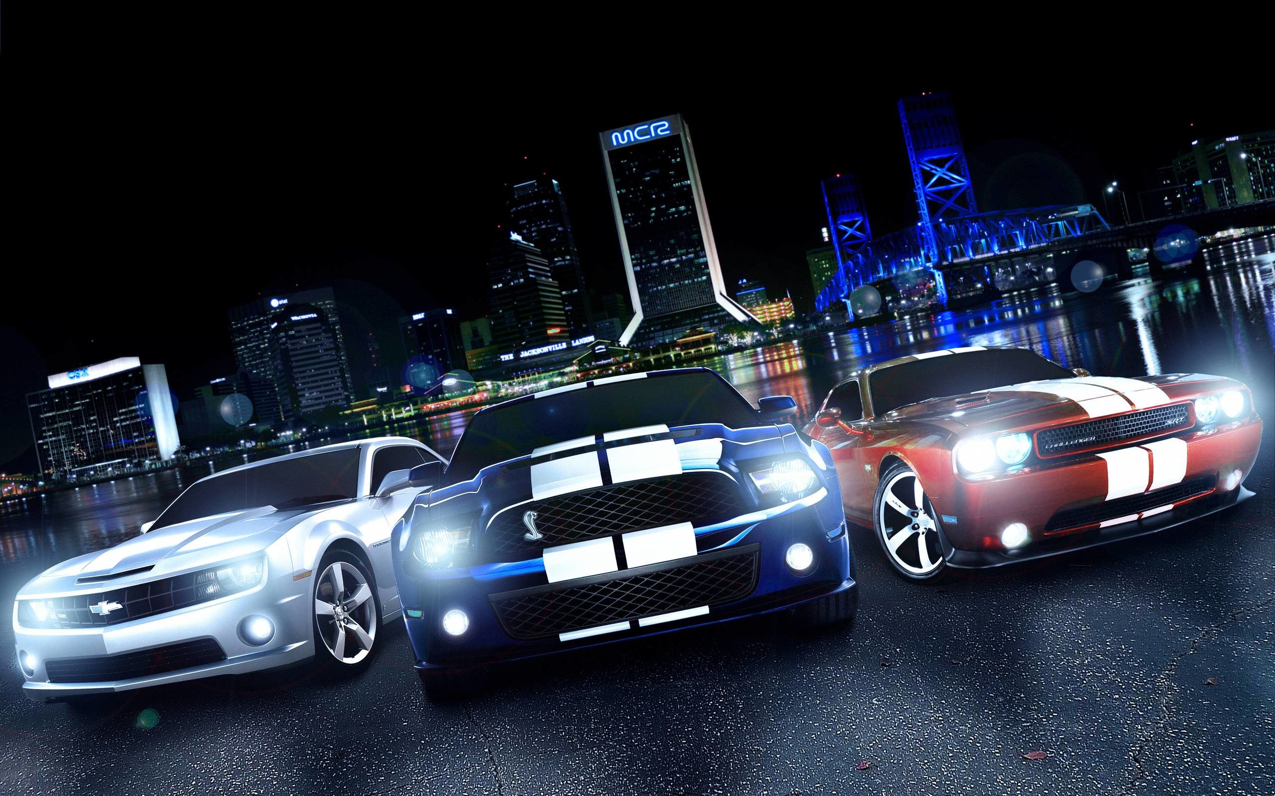 Chevrolet Camaro, Ford Mustang, Dodge Challenger, Notte, 2560x1600, sfondo per PC
