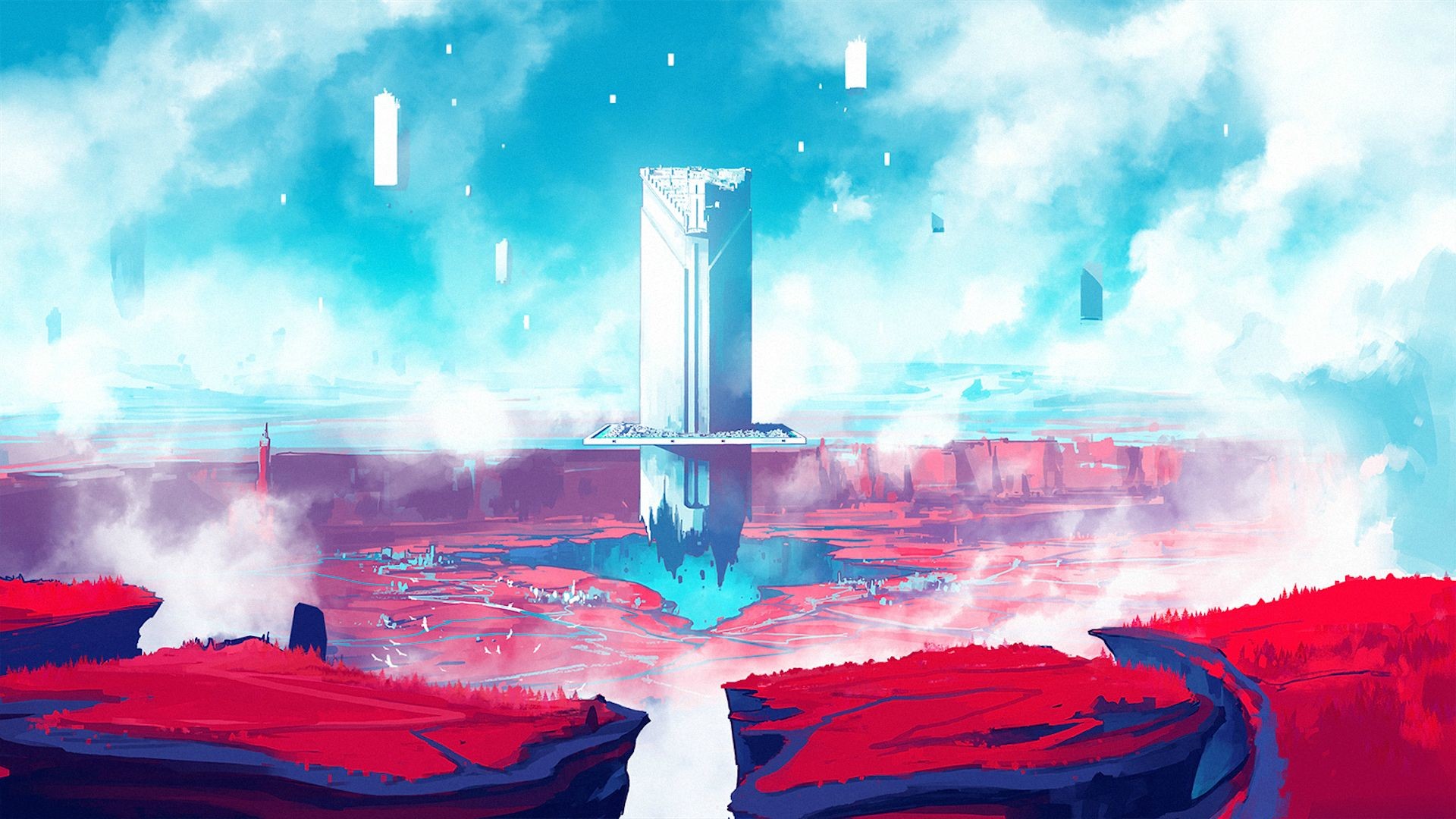 No Man's Sky, Monolite, Paesaggio alieno, Rosso, Azzurro, Full HD, sfondo Windows 11