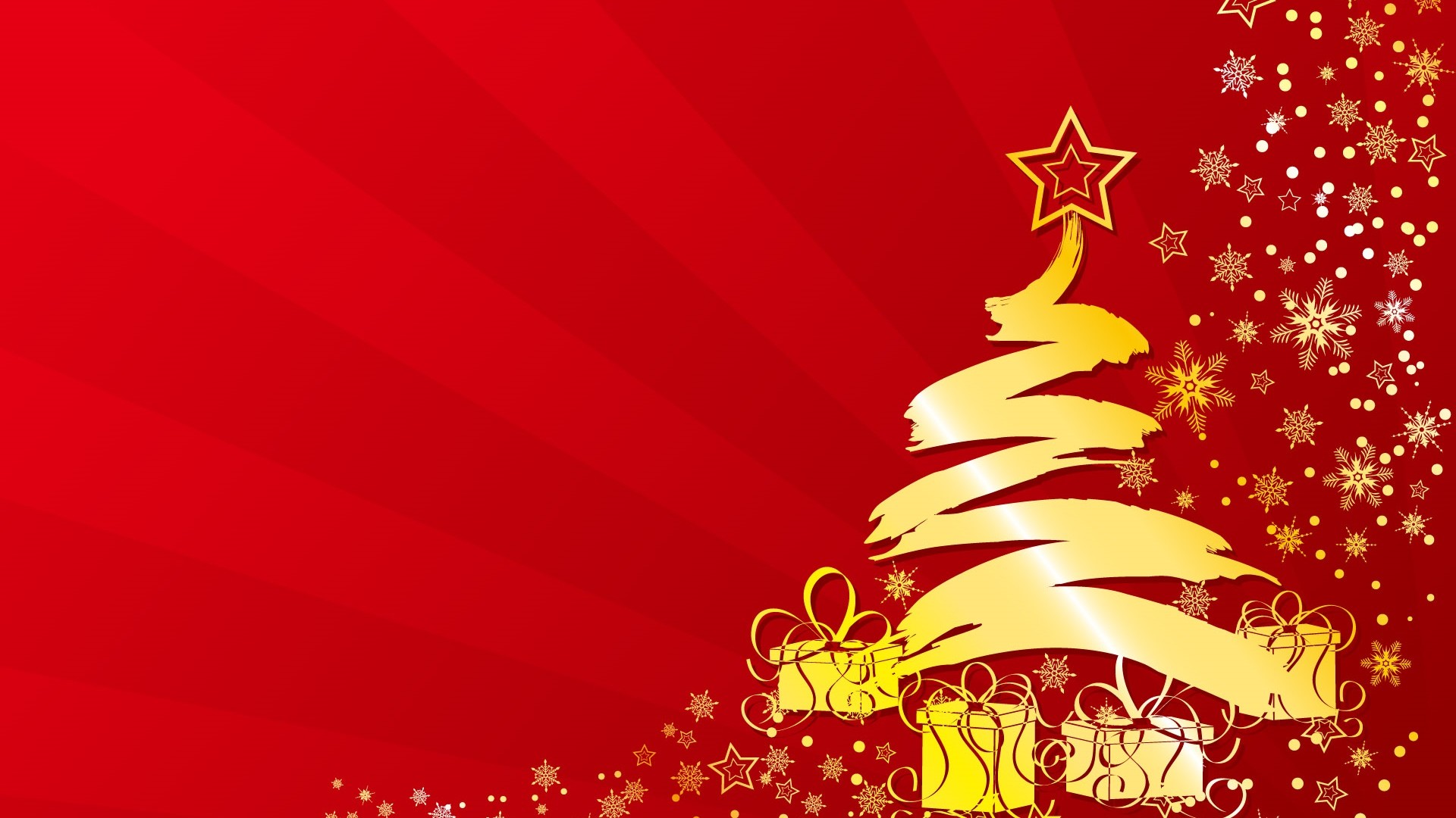 Albero di Natale dorato, Regali, Stella, Sfondo rosso, Full HD, wallpaper per portatile