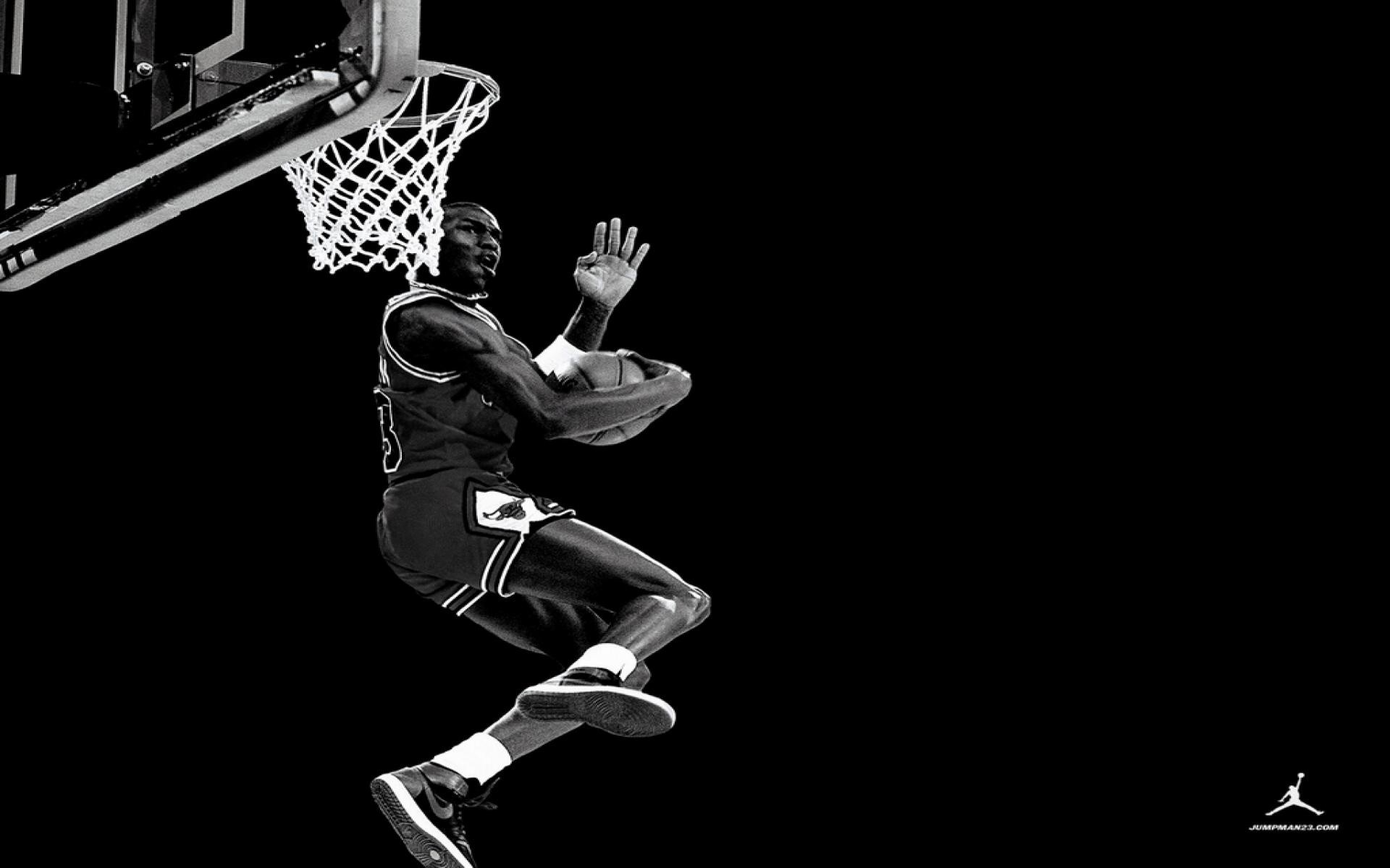Michael Jordan, Schiacciata, Canestro, Bianco e nero, 16:10 Full HD, sfondo widescreen