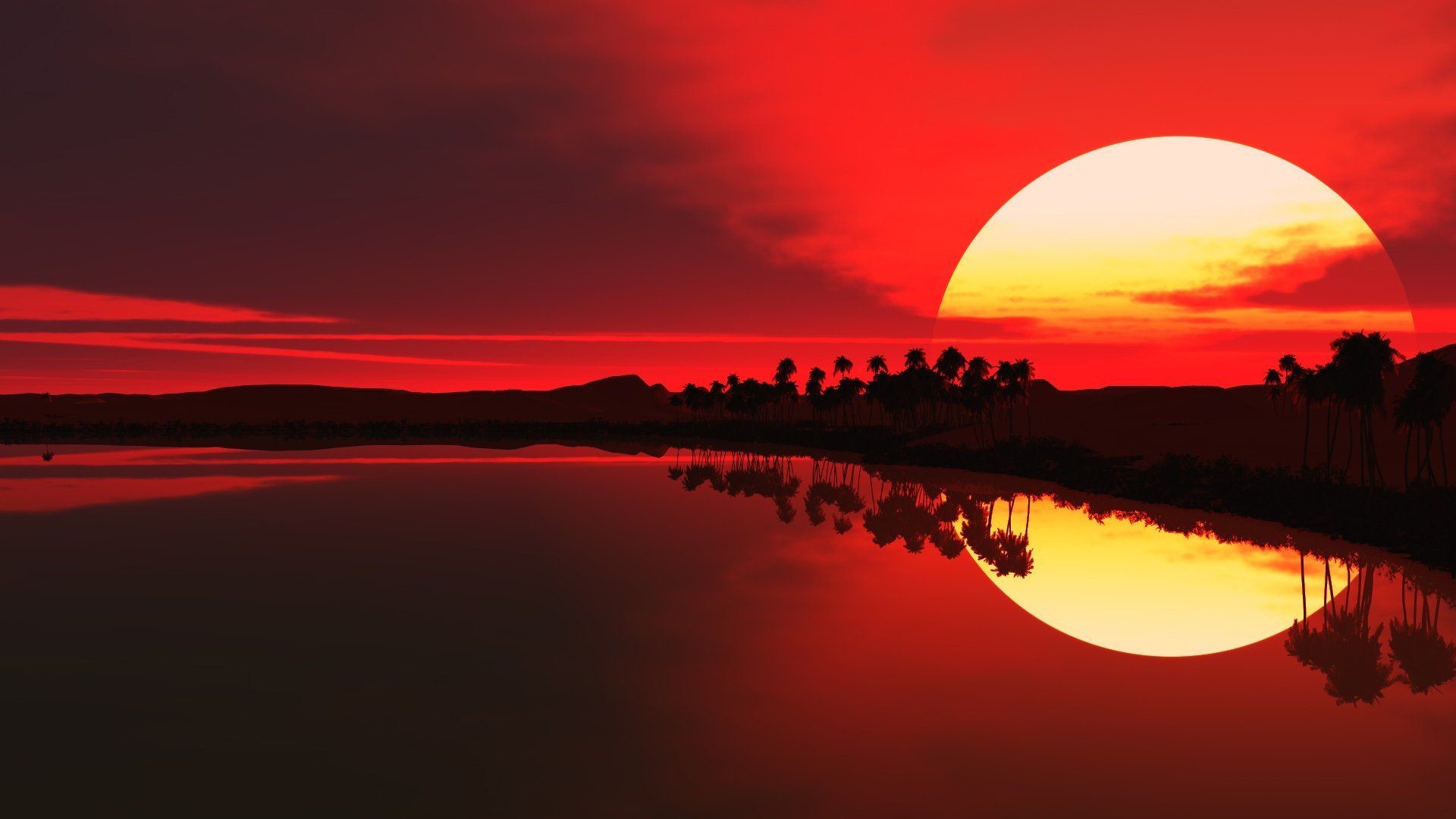 Tramonto, Cielo rosso, Lago, Palme, Sole, 16:9 Full HD, sfondo widescreen