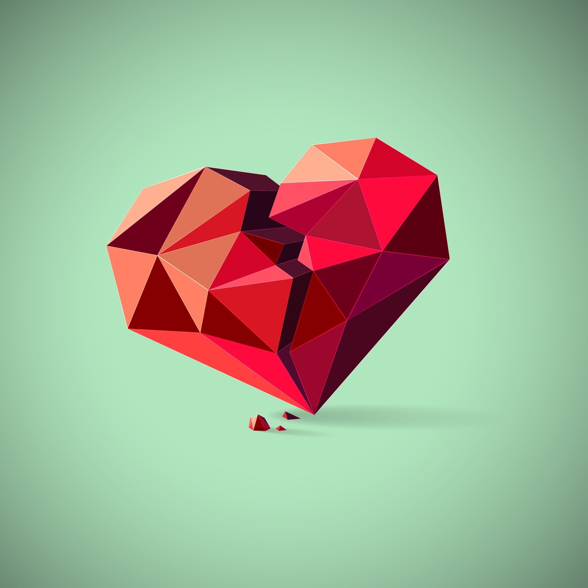 Cuore low poly, Cuore spezzato, Verde acqua, sfondo per iPad e tablet