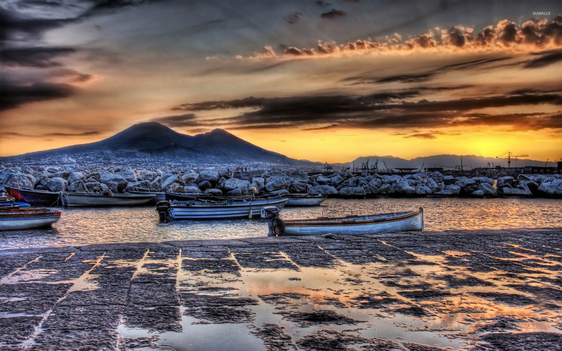 Vesuvio, Napoli, Barche, Tramonto, HDR, Full HD, sfondo per PC e portatile