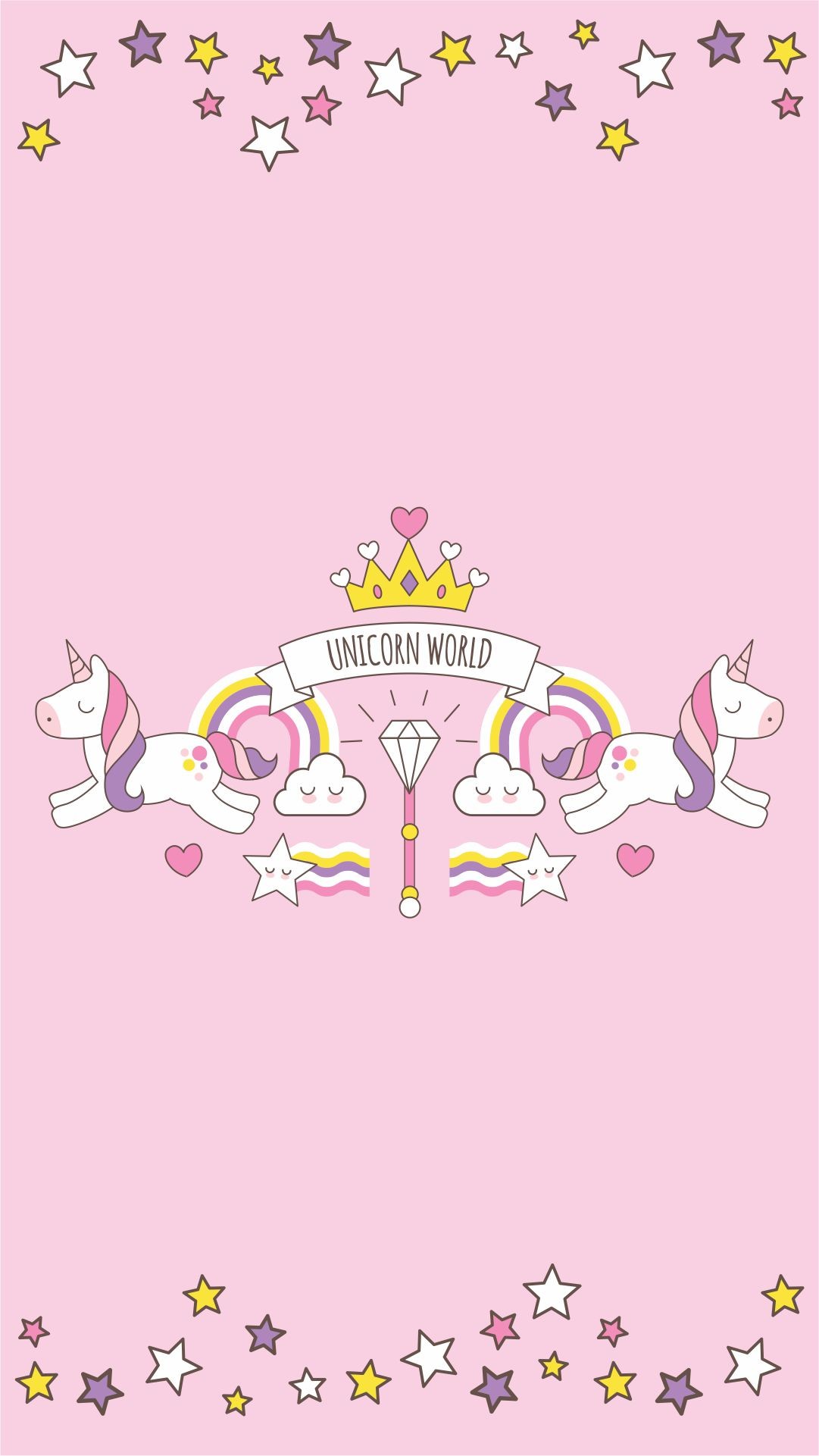 Unicorno, Kawaii, Corona, Stelle, Sfondo rosa, Full HD, schermata di blocco del cellulare