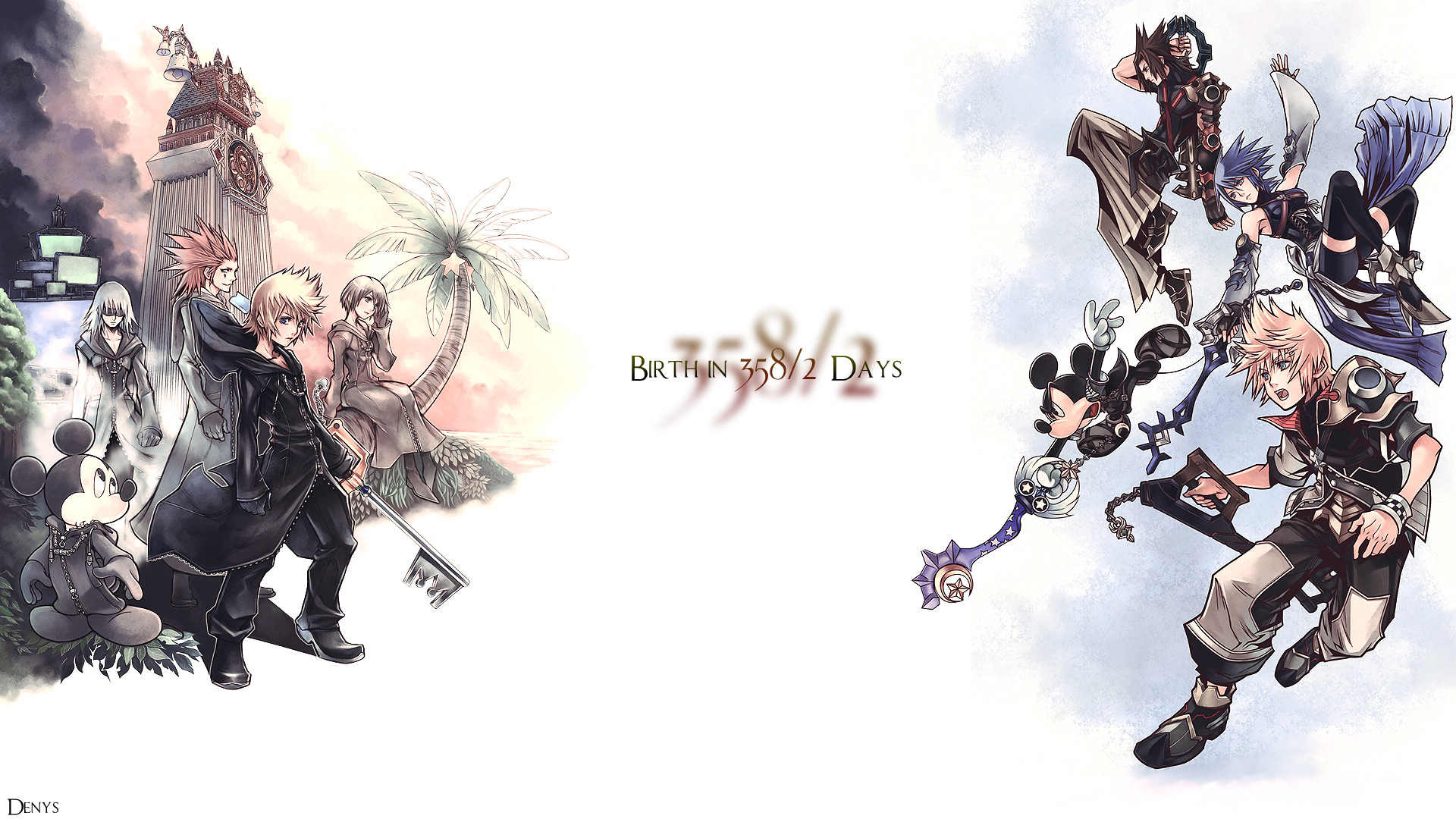 Kingdom Hearts 358/2 Days, Roxas, Xion, Axel, Topolino, Sfondo bianco, wallpaper desktop Full HD