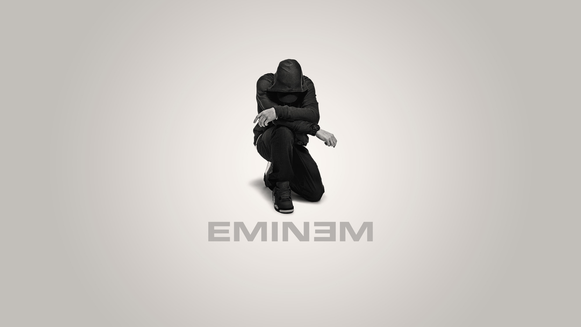 Eminem, Logo, Accovacciato, Sfondo grigio, 16:9 Full HD, wallpaper widescreen