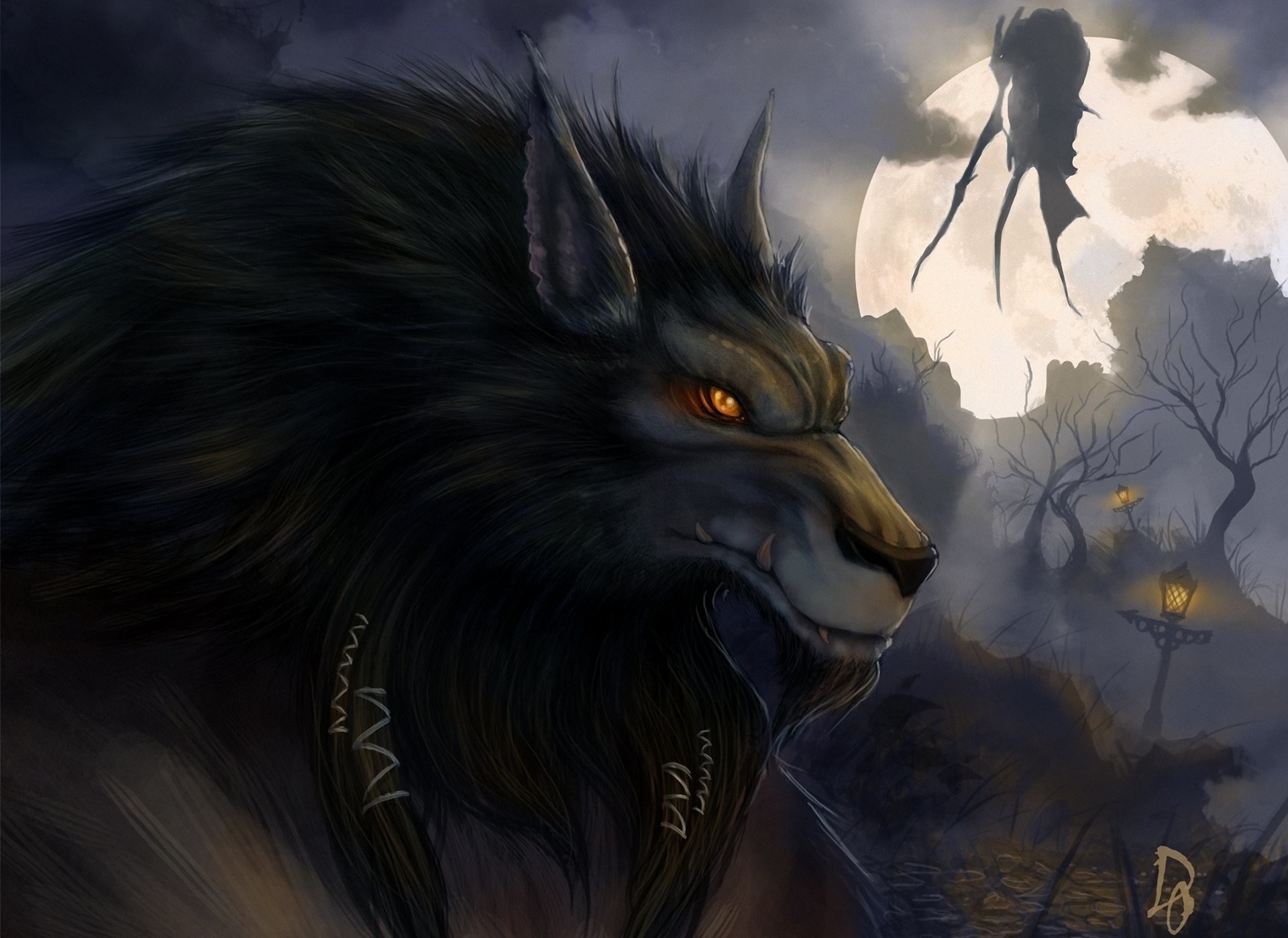 Lupo mannaro, Luna piena, Fantasy, Notte, Full HD, sfondo per PC e portatile