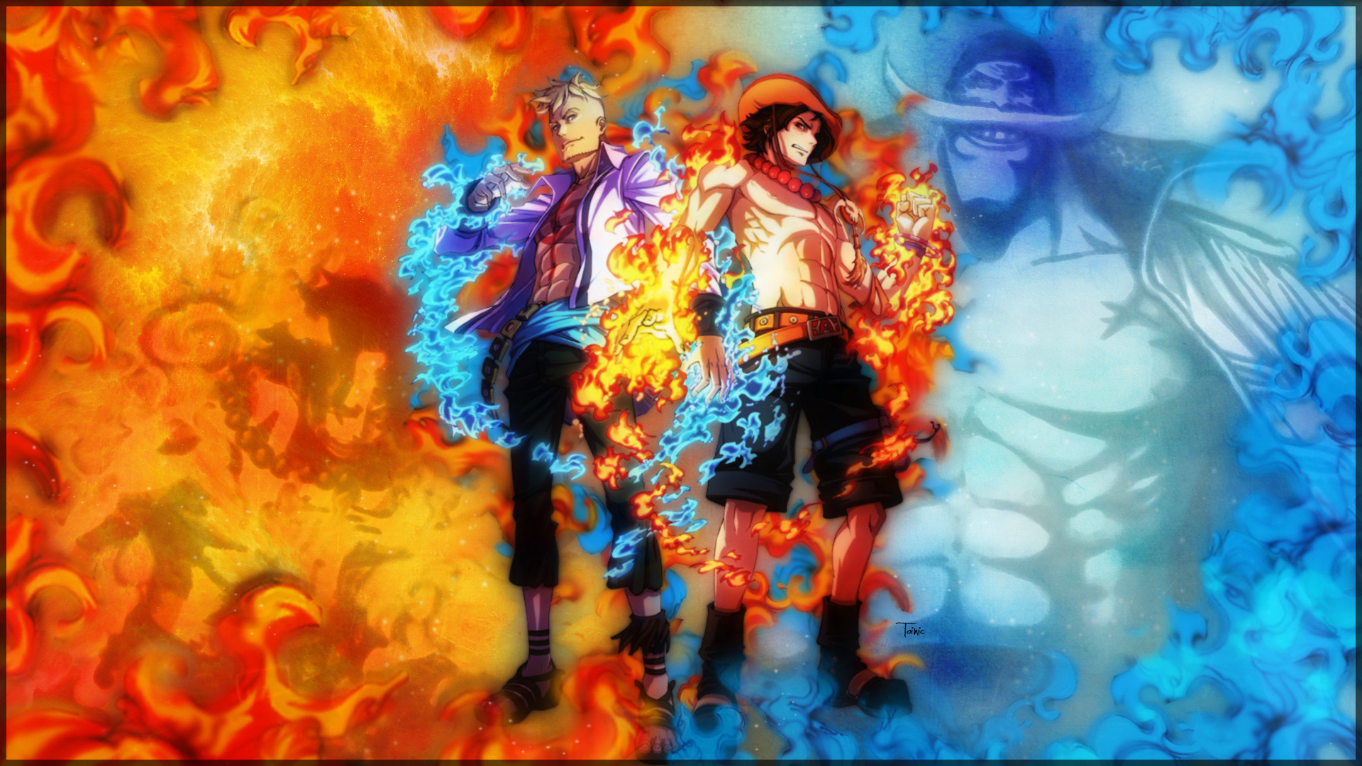 Portgas D. Ace, Marco, One Piece, Fuoco e blu, Full HD, sfondo desktop