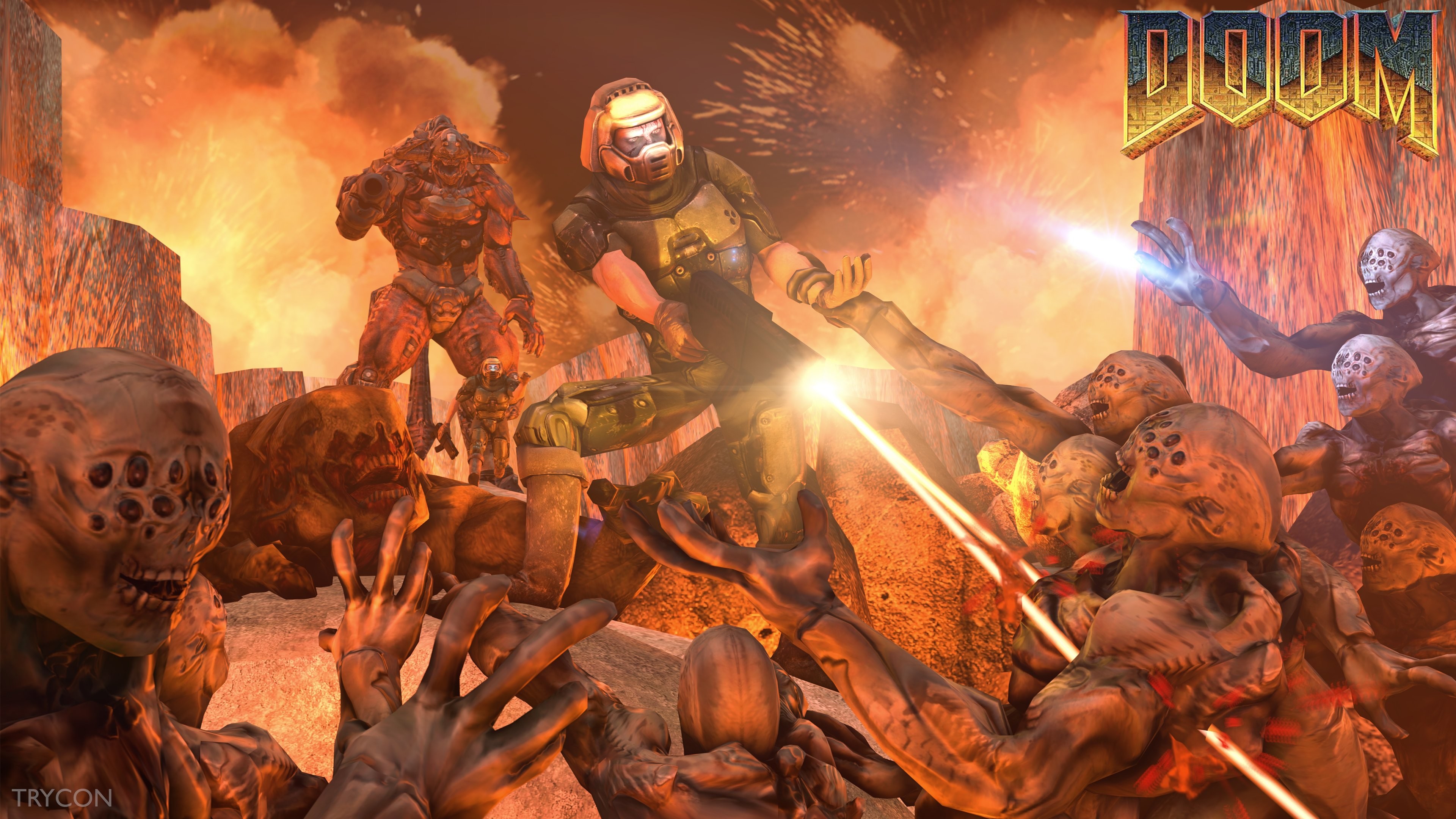 Doom Slayer, Doom, Battaglia, Demoni, Arte digitale, 4K, sfondo per PC e portatile