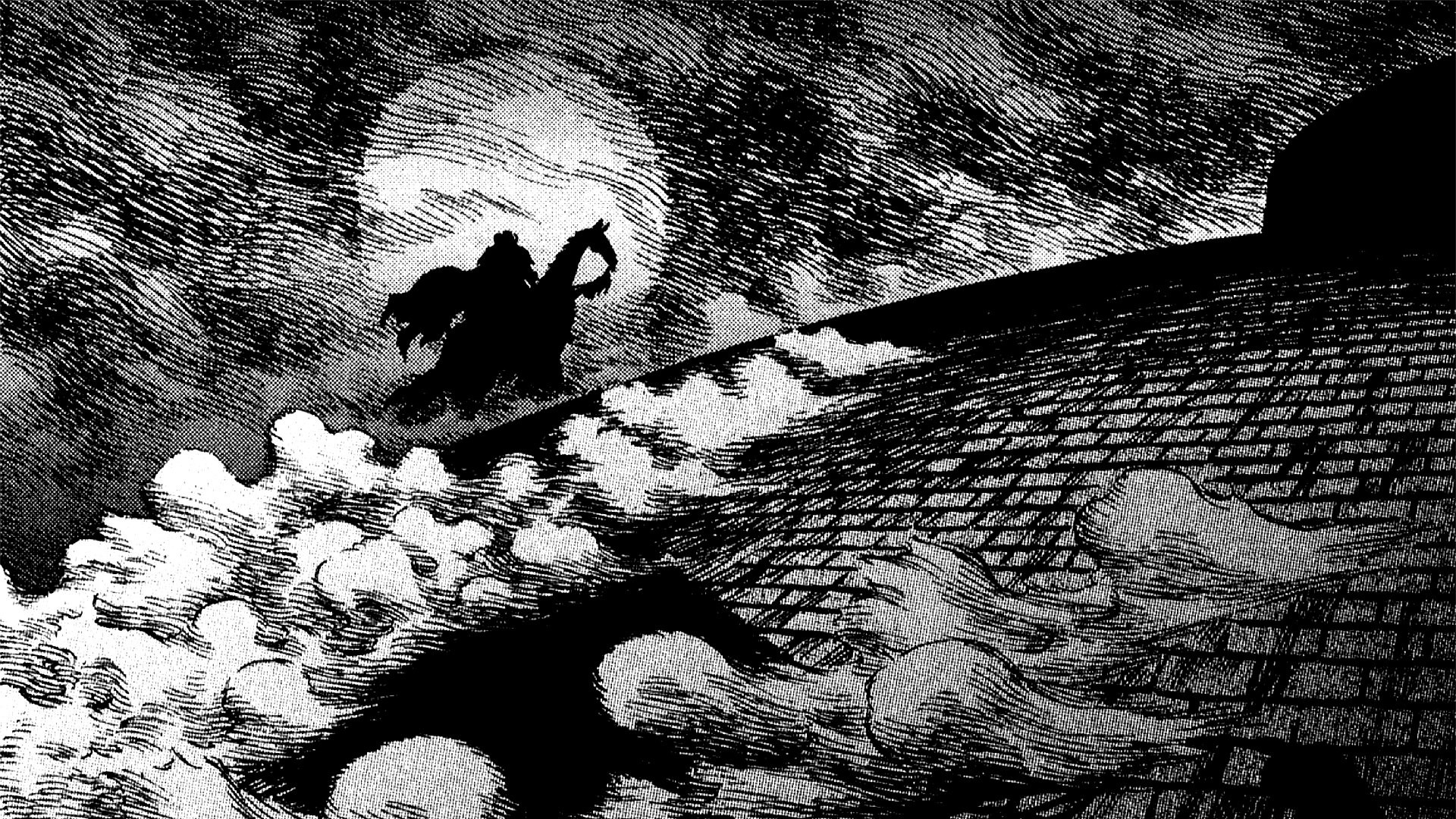 Berserk, Manga, Cavaliere, Luna, Bianco e nero, Full HD, sfondo per portatile