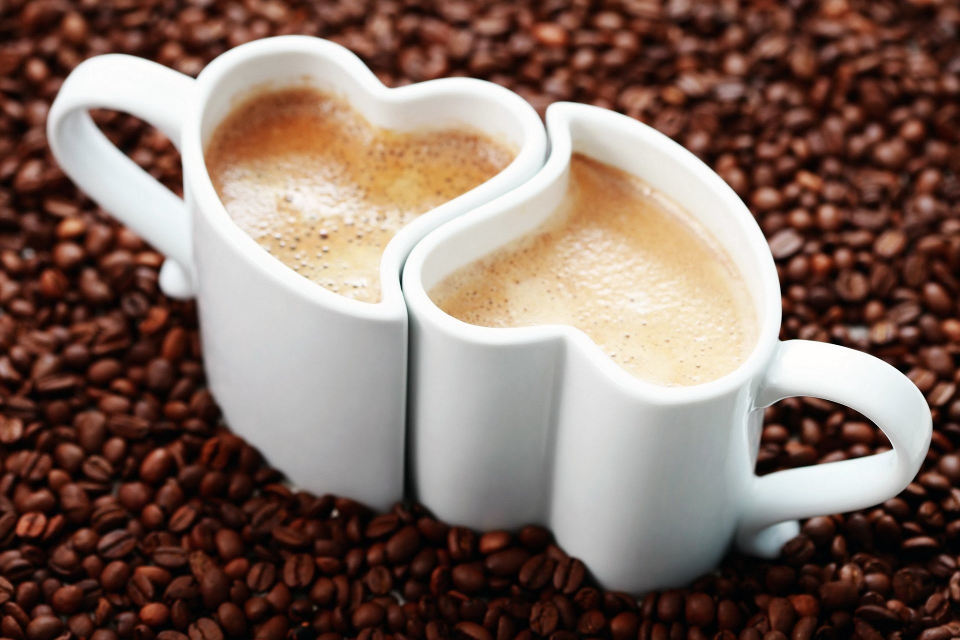Tazze a cuore, Cappuccino, Chicchi di caffè, Coppia, Full HD, sfondo desktop