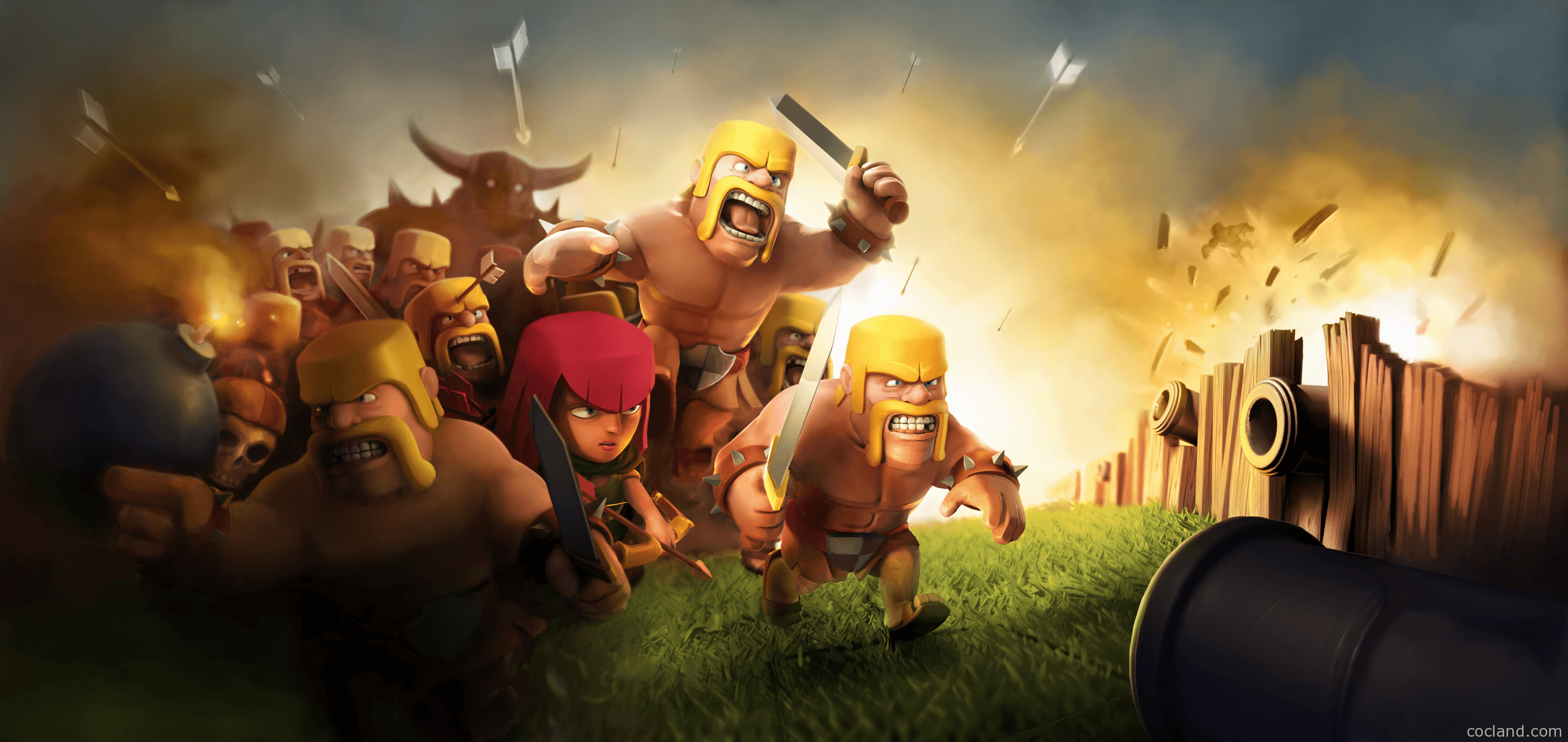 Barbaro, Arciera, Clash of Clans, Cannone, Carica, Mura, 2K, wallpaper per PC