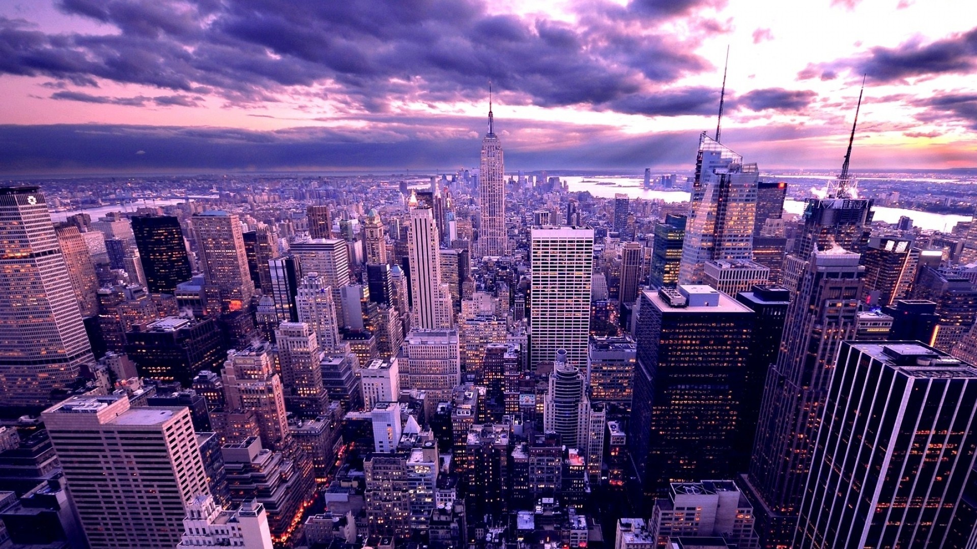 Empire State Building, Manhattan, New York, Cielo viola, Vista aerea, sfondo Windows 11