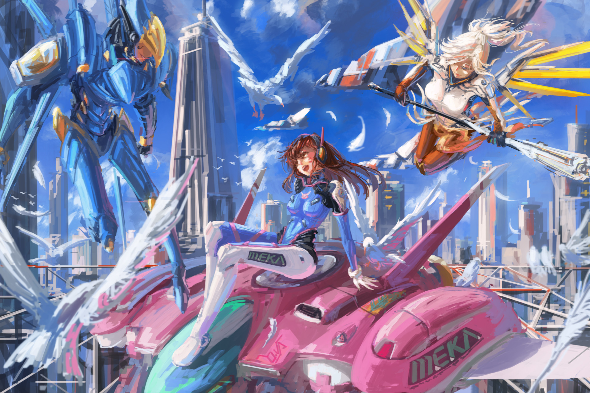 Overwatch, D.Va, Mercy, Pharah, Arte digitale, Full HD, sfondo per portatile