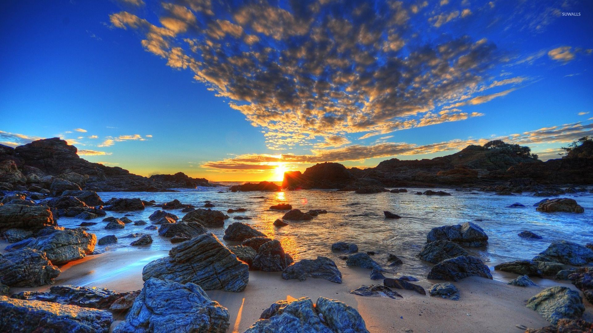 Mare, Scogli, Tramonto, Nuvole, Lunga esposizione, 1920x1080, sfondo per PC