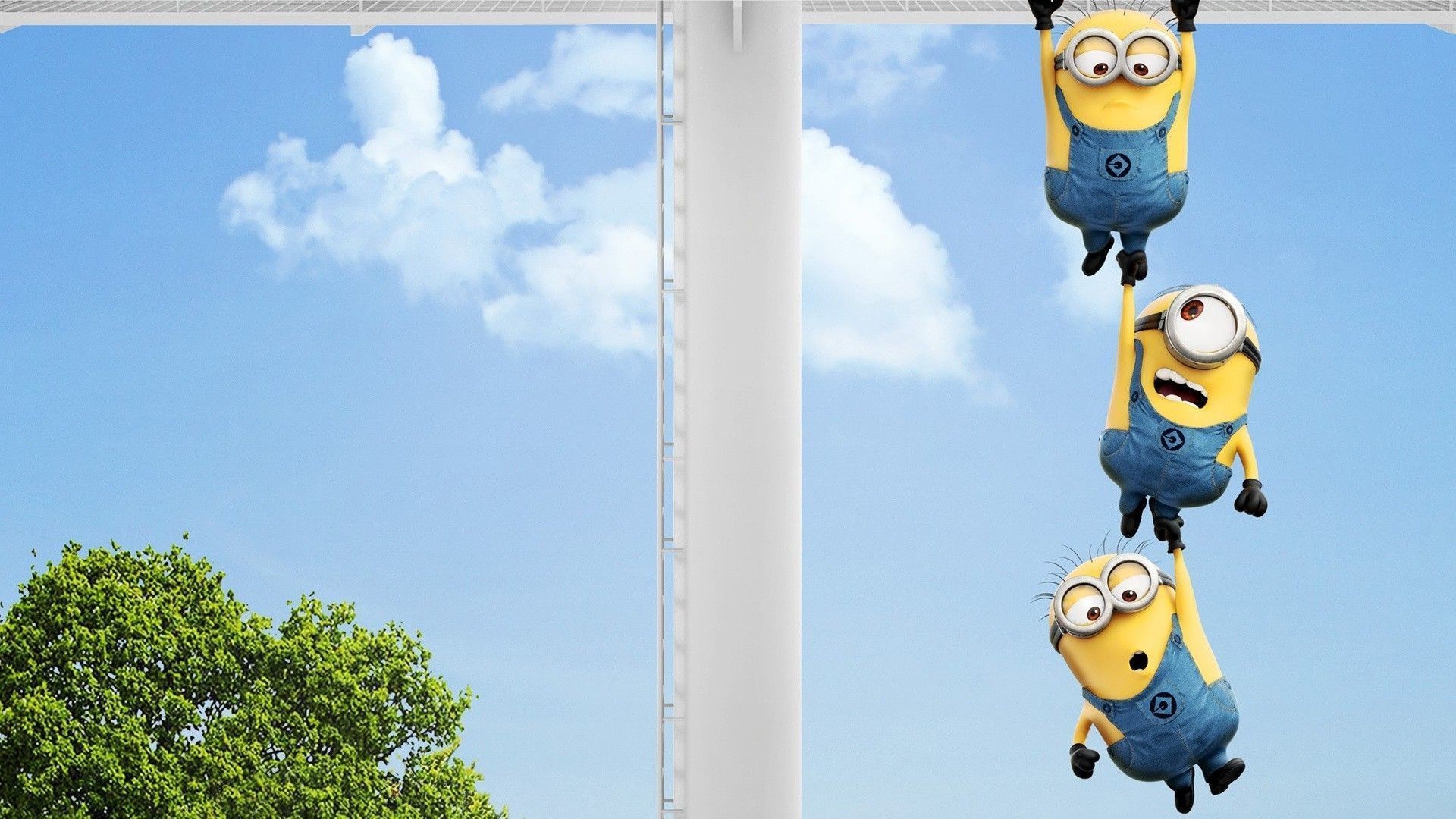 Minion, Cattivissimo me, Catena di Minion, Cielo azzurro, Albero, sfondo widescreen Full HD