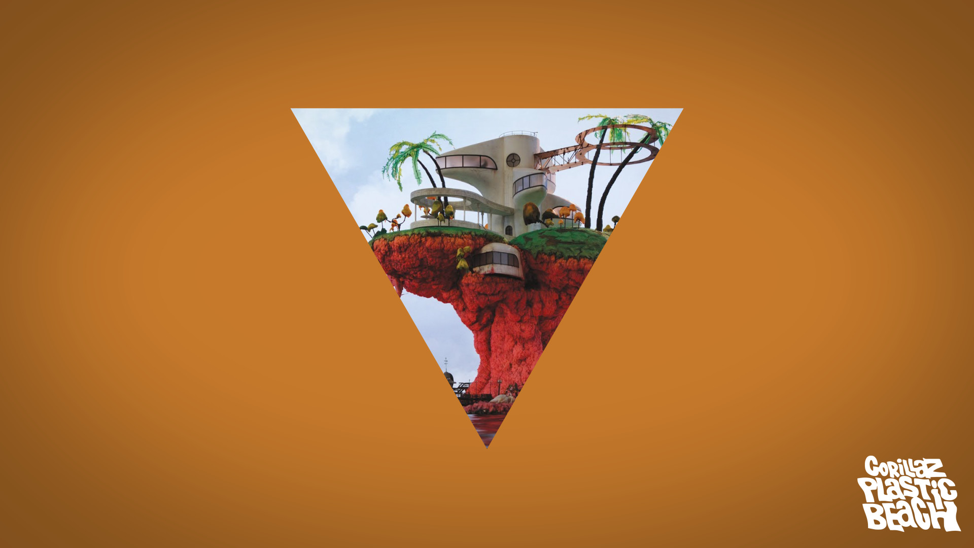 Gorillaz, Plastic Beach, Triangolo, Sfondo arancione, 16:9 Full HD, wallpaper widescreen