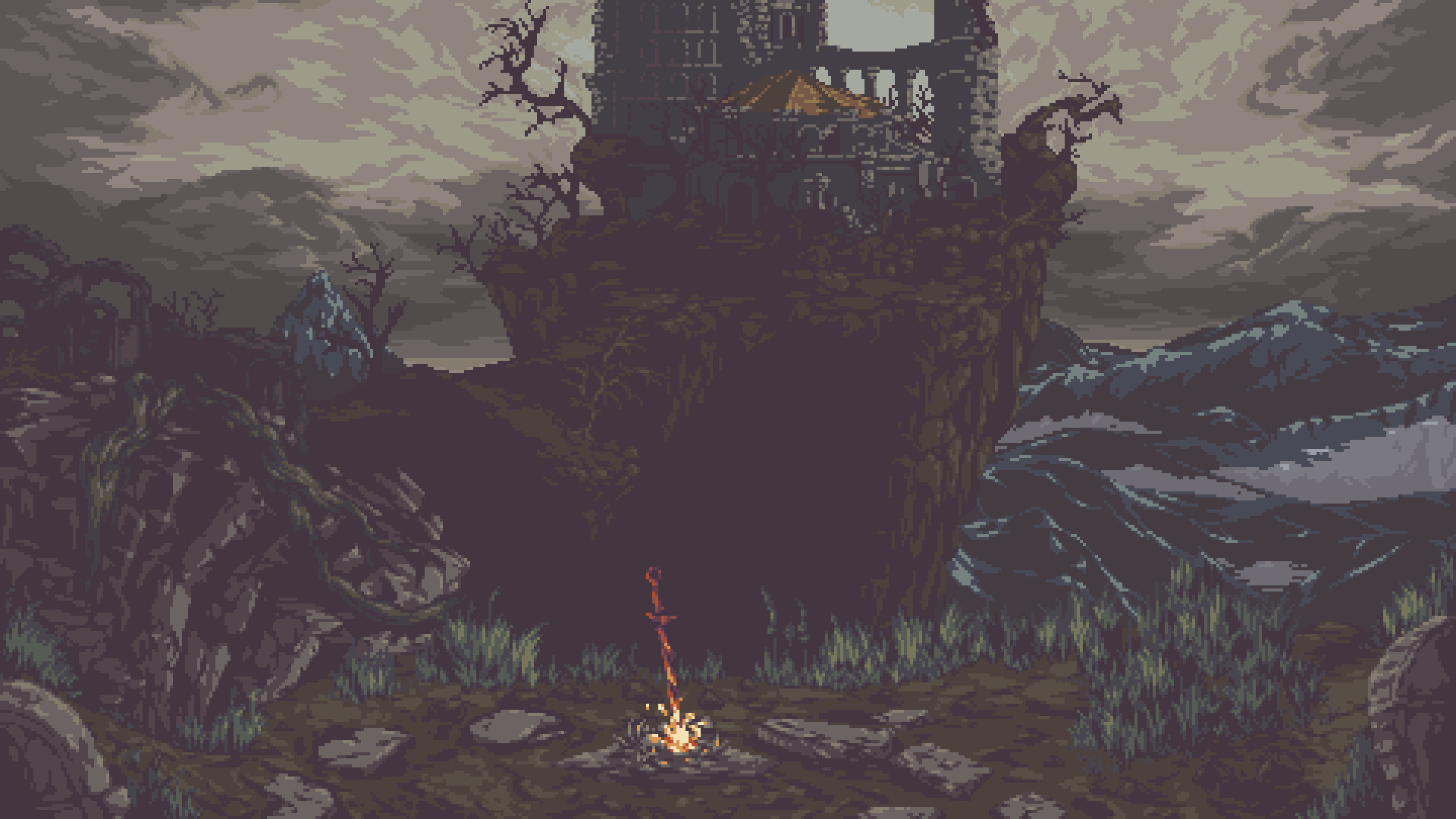 Pixel art, Dark Souls, Falò, Castello, 1920x1080, wallpaper desktop