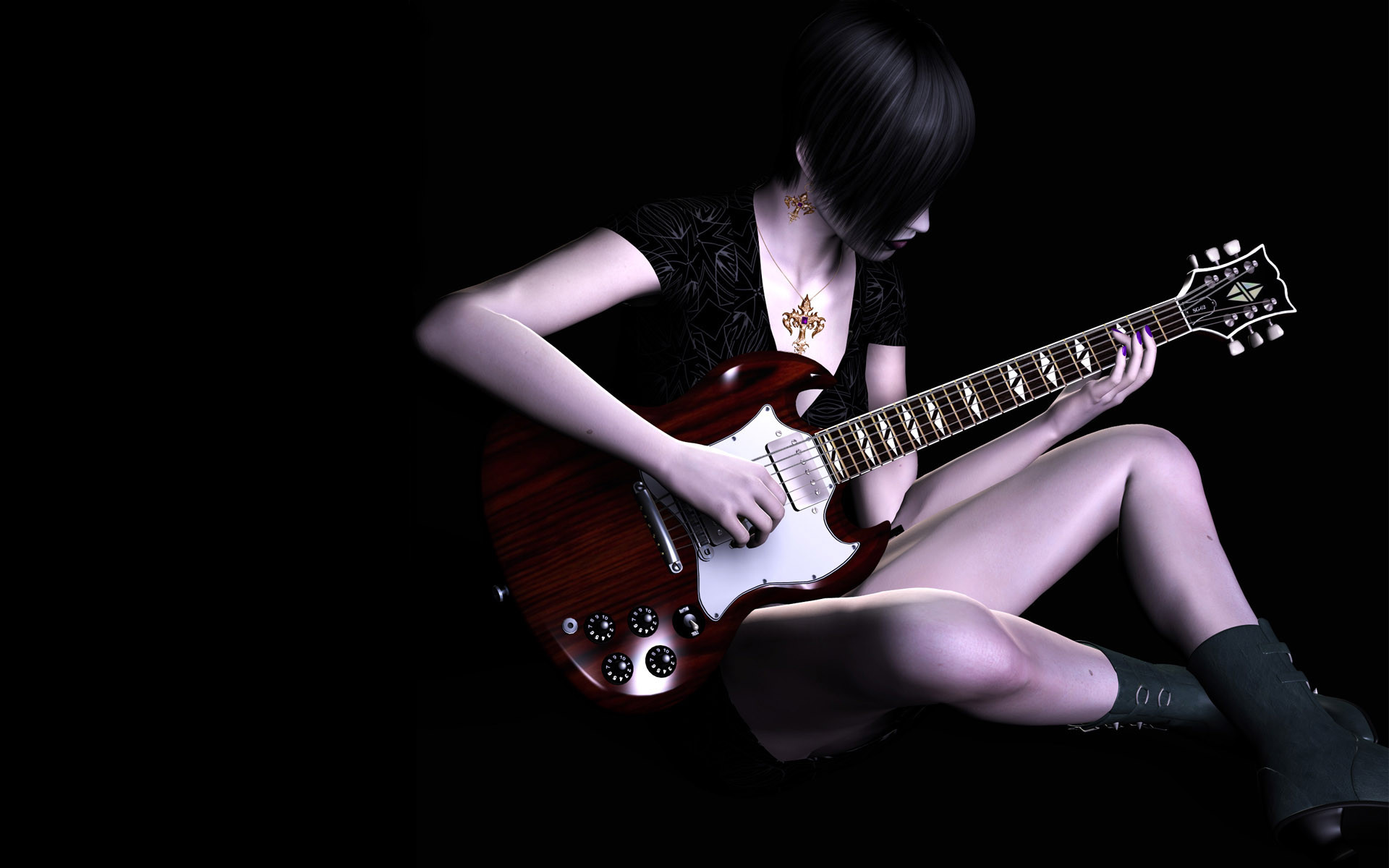 Ragazza, Chitarra elettrica, Arte 3D, Sfondo nero, 16:10 Full HD, wallpaper widescreen