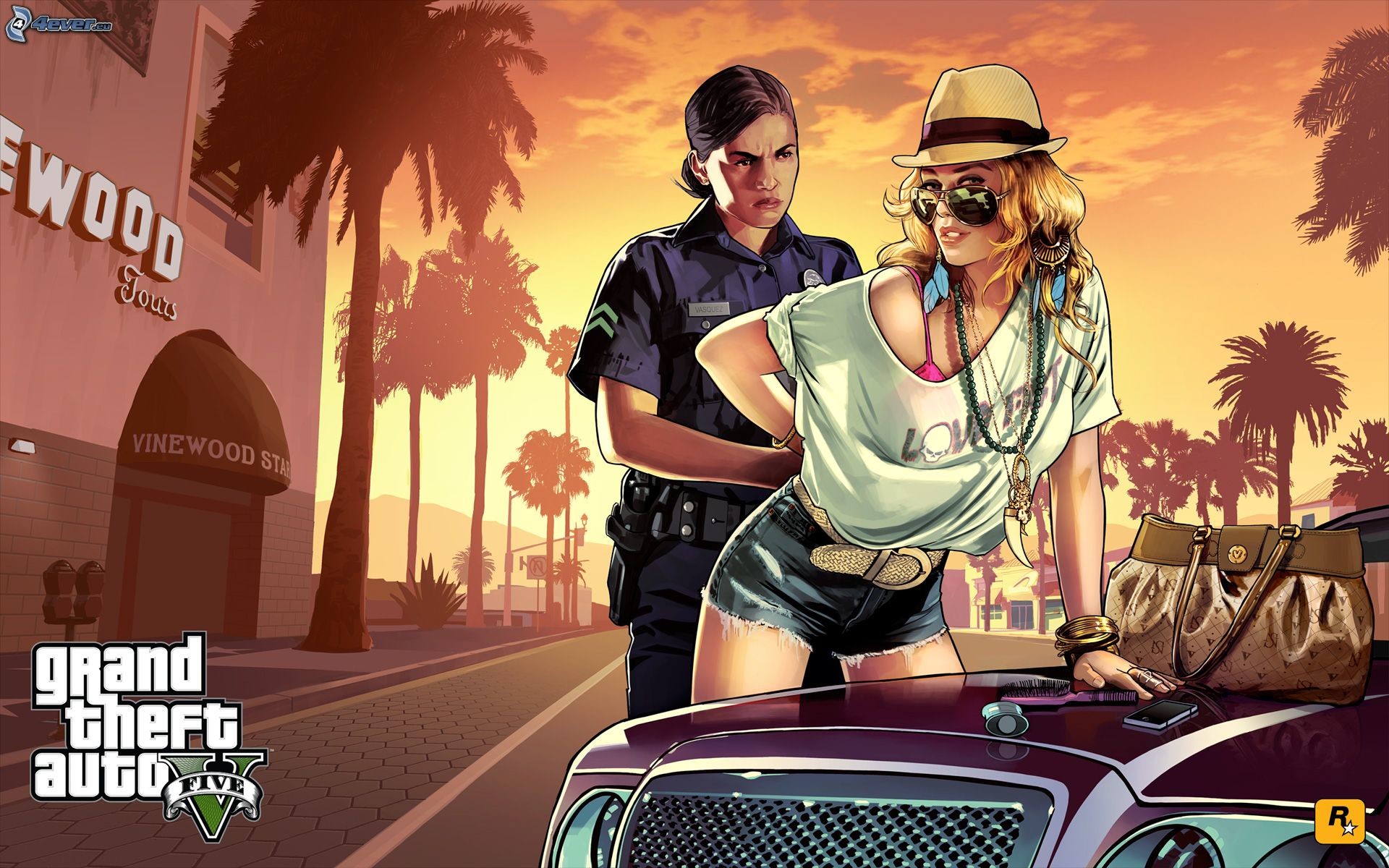 Grand Theft Auto V, Poliziotta, Arresto, Vinewood, Tramonto, Full HD, sfondo per PC e portatile