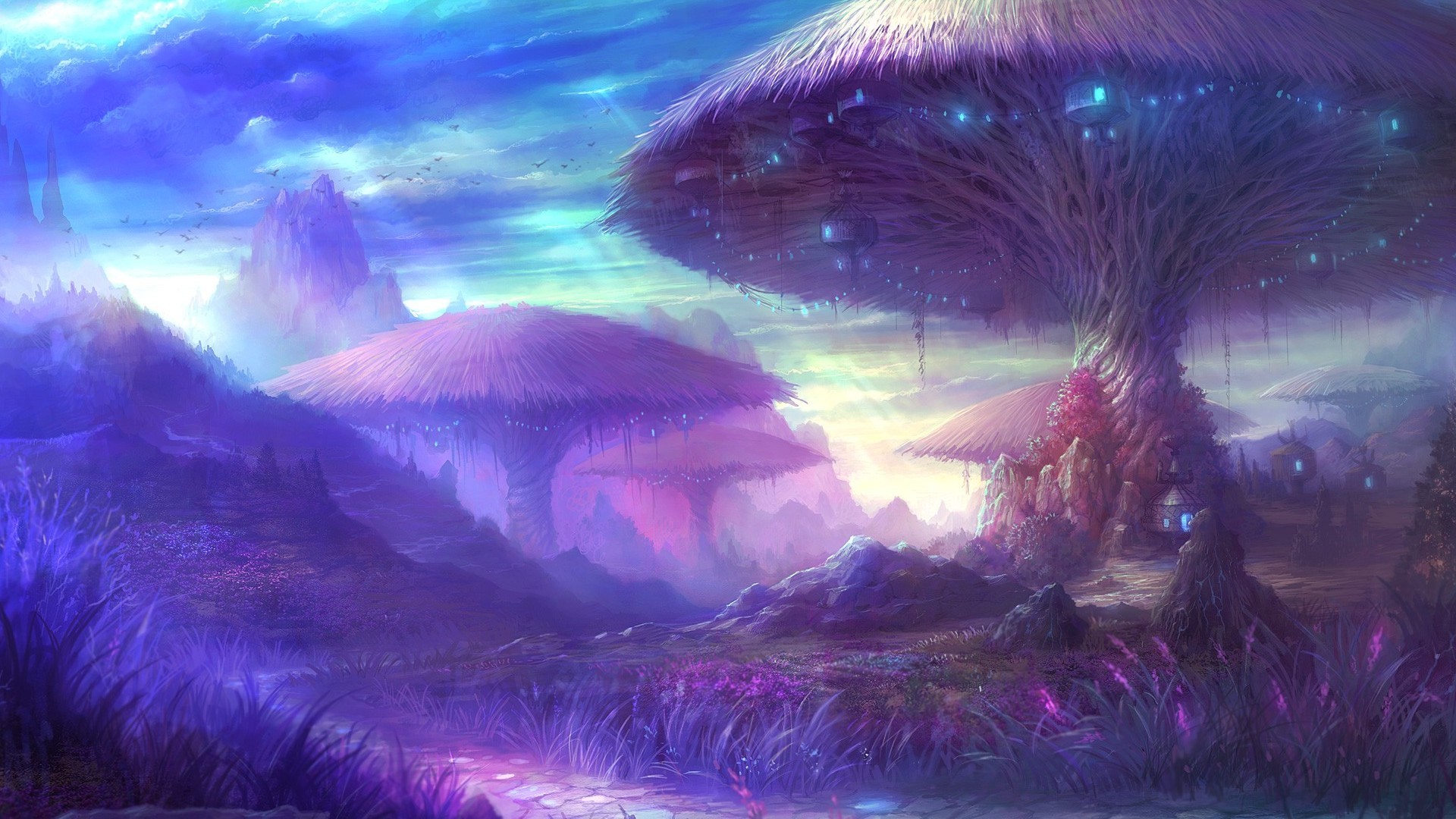 Funghi giganti, Paesaggio alieno, Viola, Fantasy, Cielo stellato, Arte digitale, wallpaper desktop