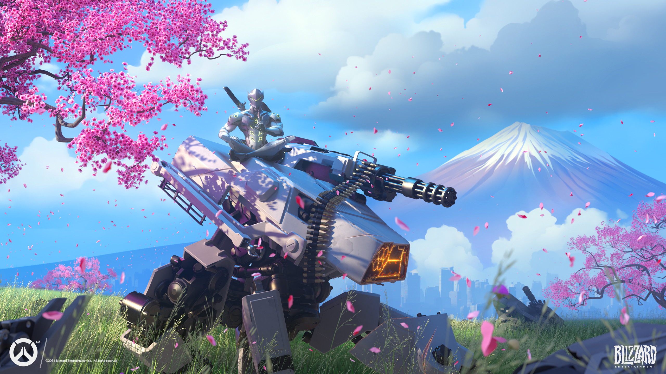 Overwatch, Bastion, Fiori di ciliegio, Monte Fuji, 2560x1440, sfondo per PC